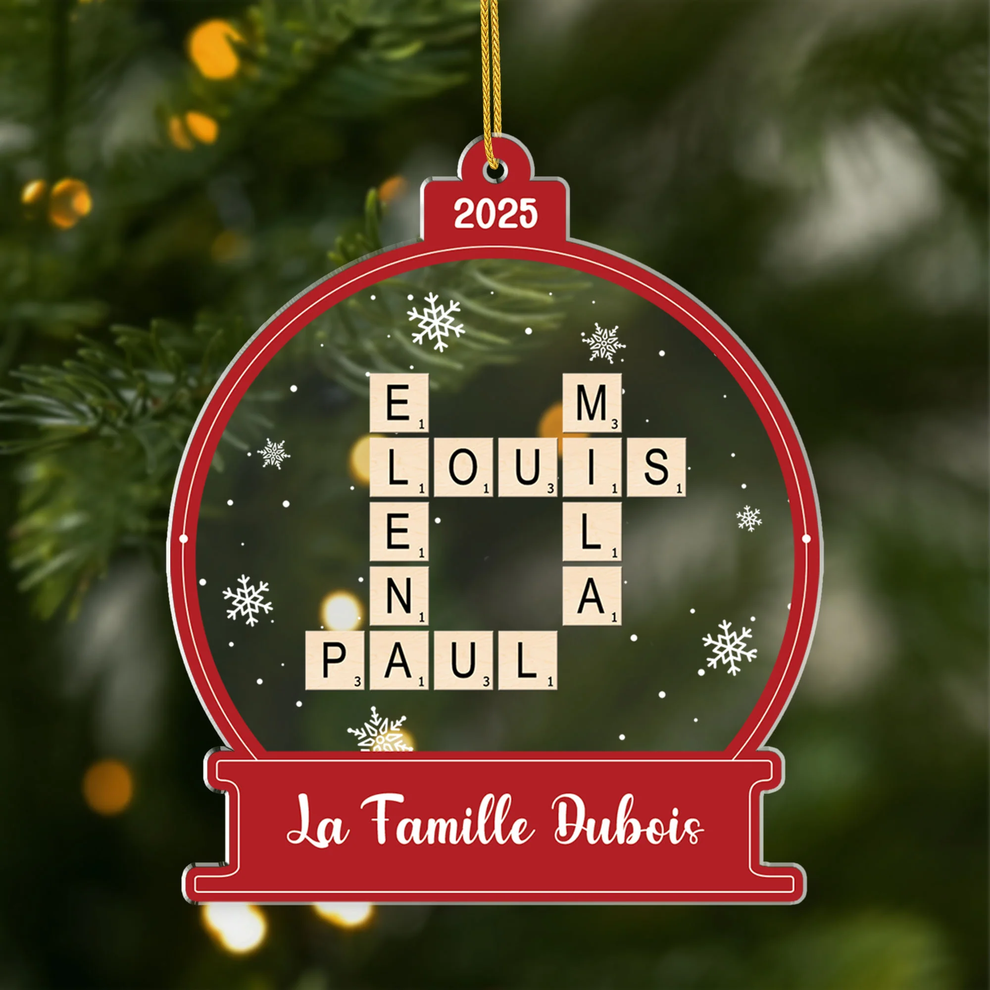 Ornement Acrylique Noël Personnalisé - Boule à Neige Mots Croisés Famille