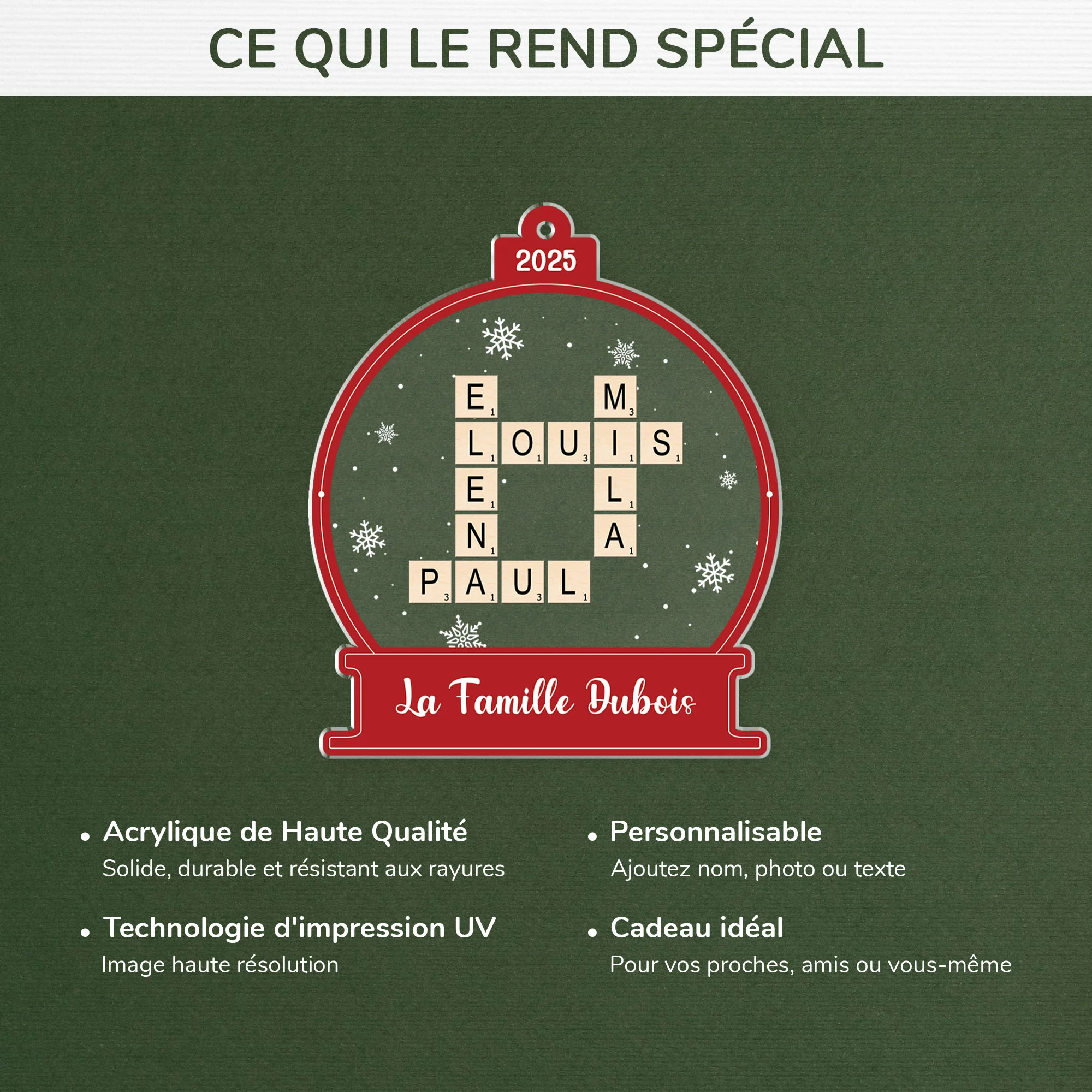 Ornement Acrylique Noël Personnalisé - Boule à Neige Mots Croisés Famille - Image 4