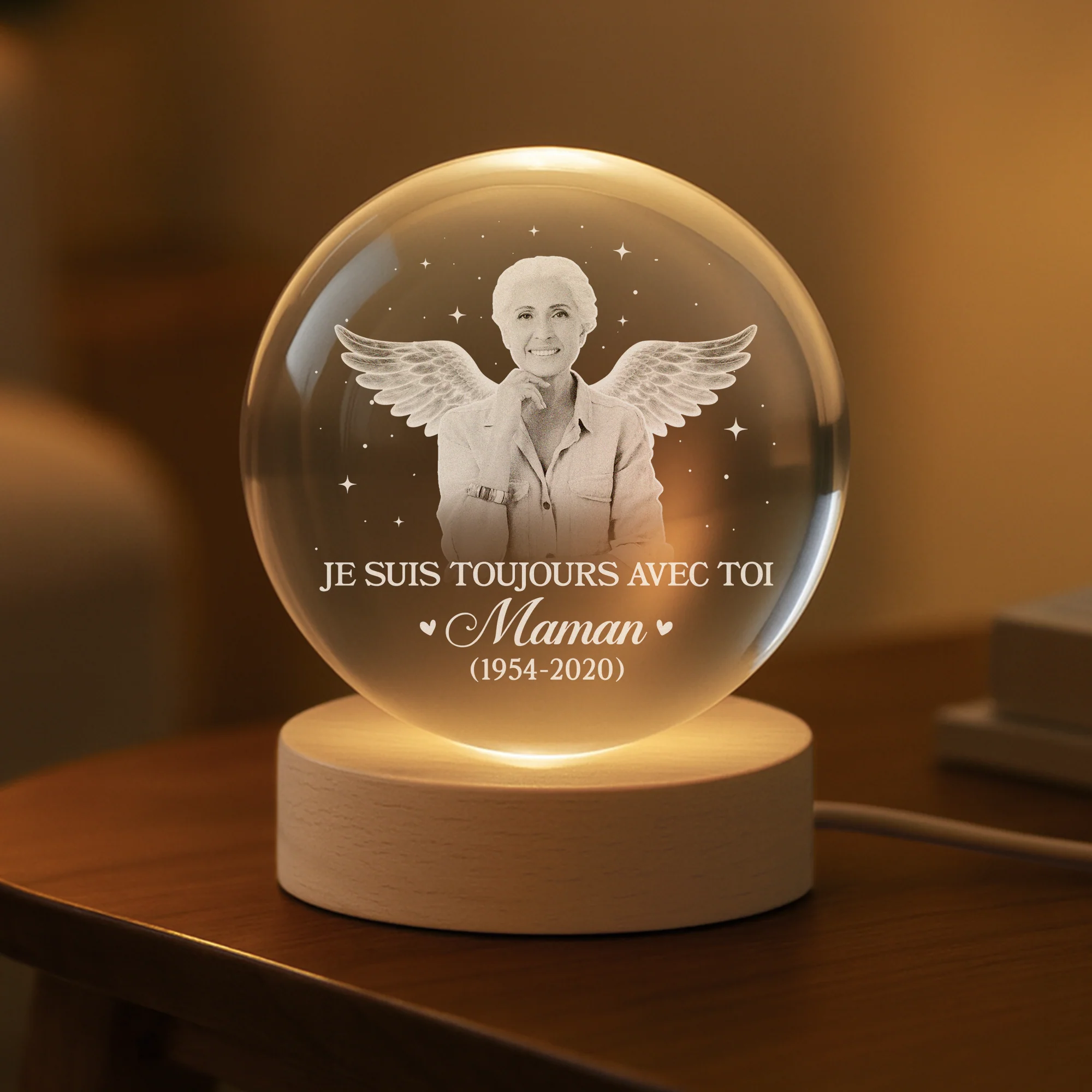 Boule Cristal Lumineuse Personnalisée Avec Photo Commémorative - Papa Maman Toujours Dans Mon Coeur - Image 2