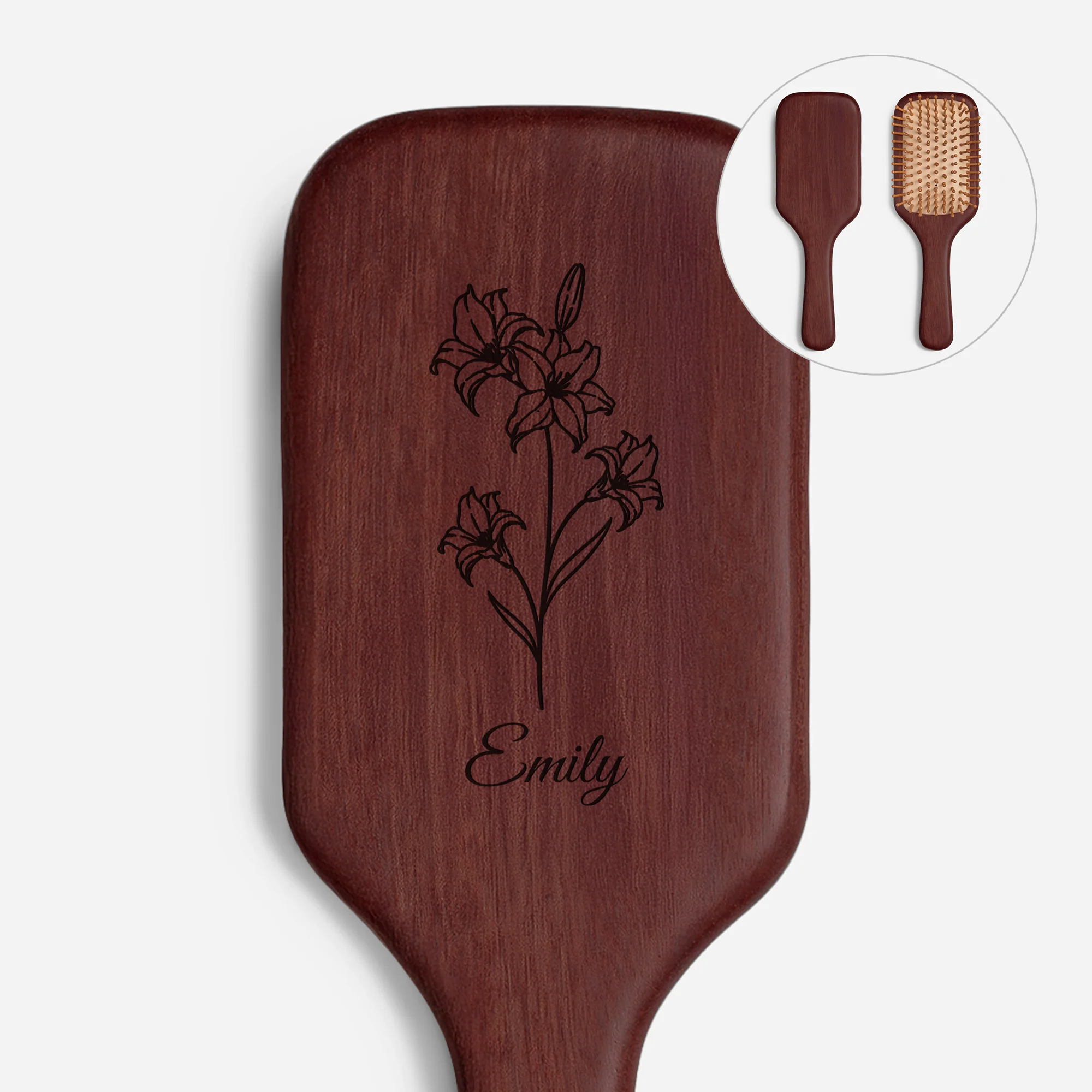 Brosse À Cheveux Personnalisée En Bois De Santal Gravée Pour Femme - Jolie Fleur