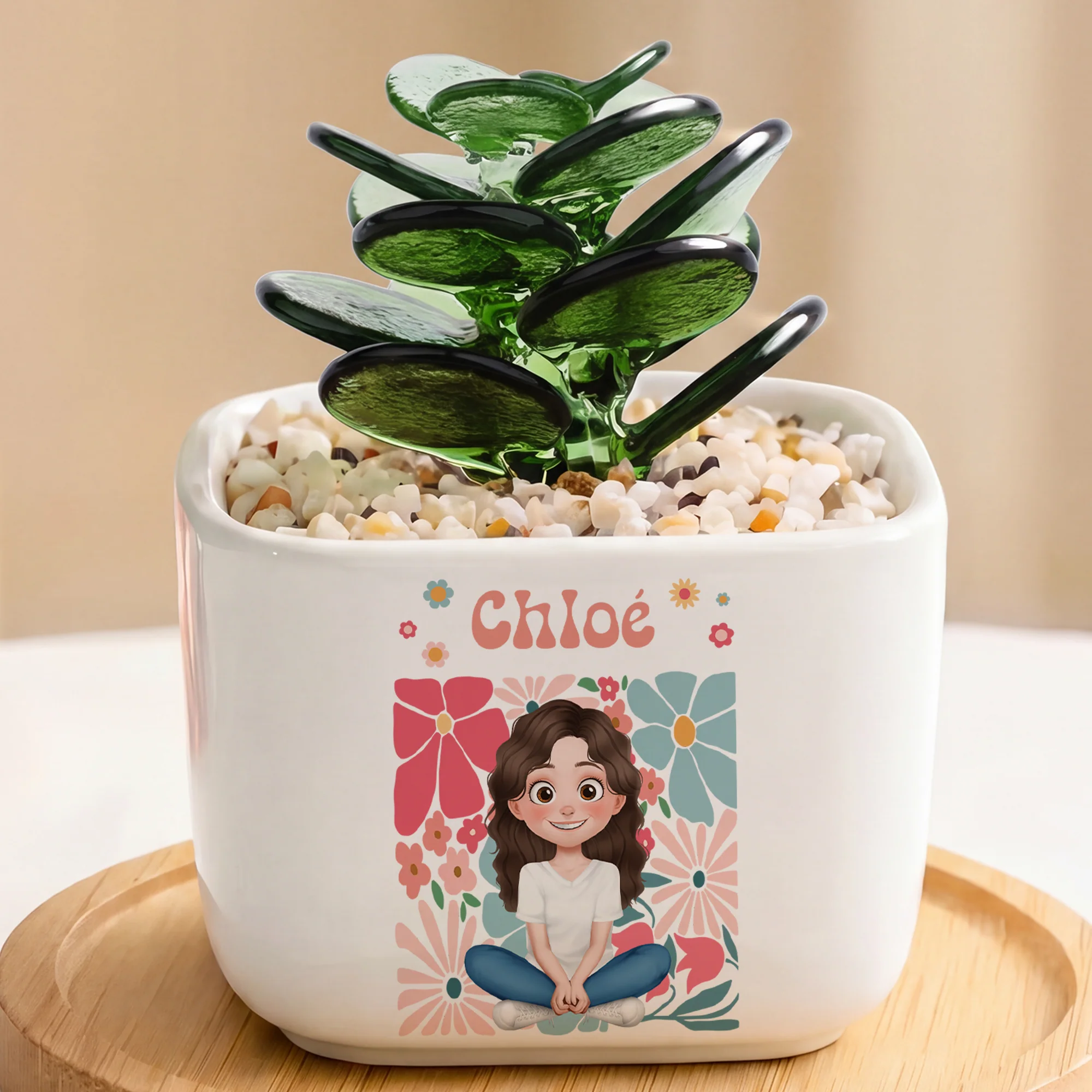 Cactus Artificiels En Verre Avec Pot - Cadeau Original Avec Prénom Pour Femme