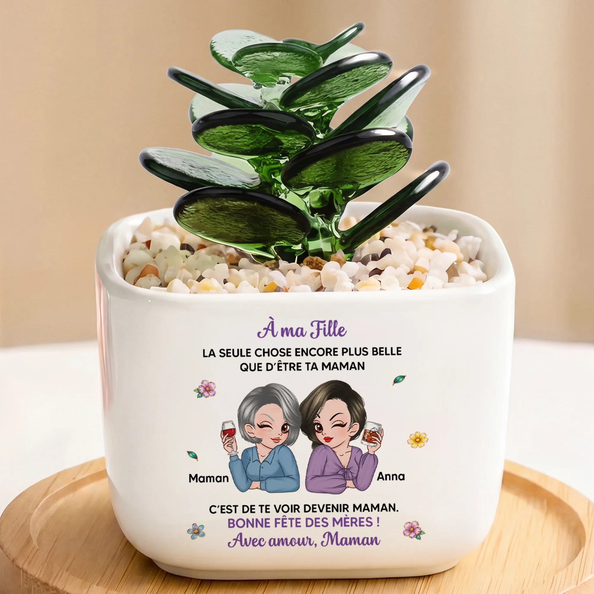 Cactus En Verre Fait Main Avec Pot - Cadeau Mère Fille Bonne Fête Des Mères