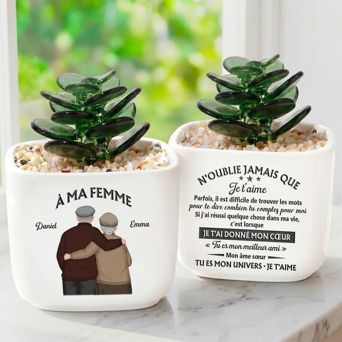 Cactus En Verre Fait Main Avec Pot Pour Couple - À Mon Mari À Ma Femme