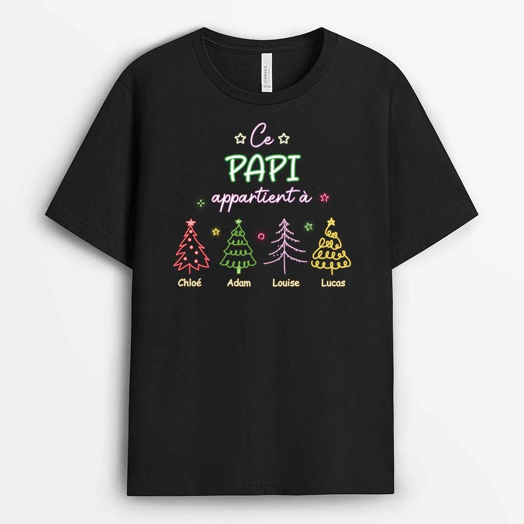 T shirt Personnalisé Grand Père - Ce Papy Appartient À - Version Sapins Néons