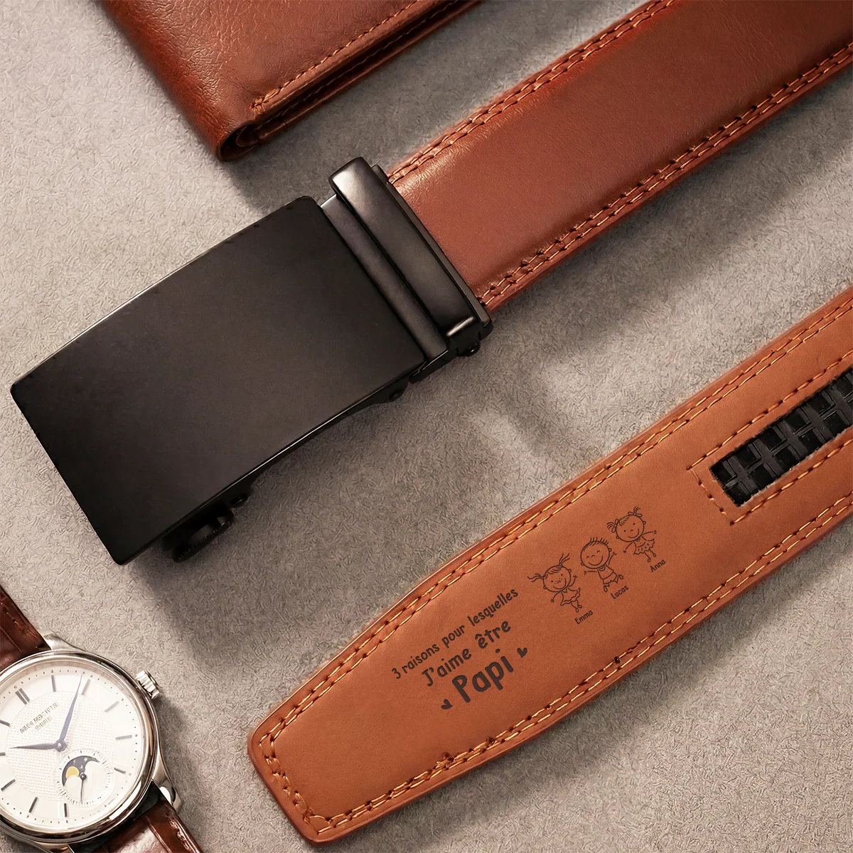 Ceinture Cuir Haut De Gamme Personnalisé Avec Enfant Et Chien Chat - J’aime Être Papa Papy - Image 2