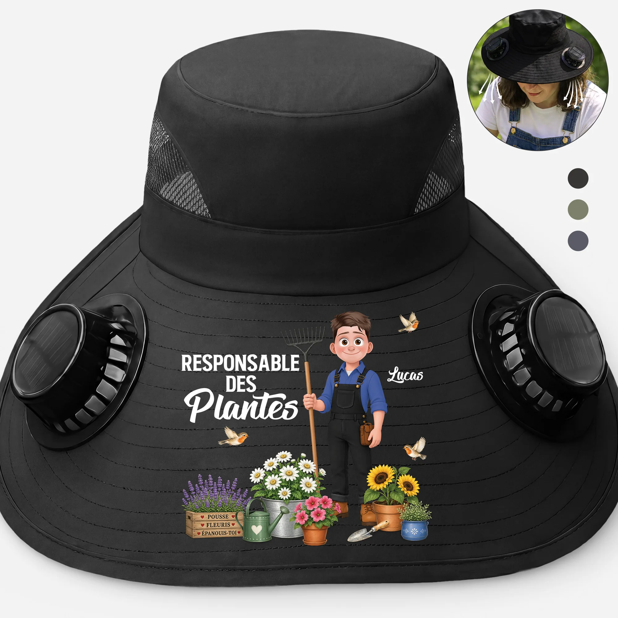 Chapeau Ventilateur Solaire Personnalisé Femme/Homme Jardinage - Responsable Des Plantes - Image 2