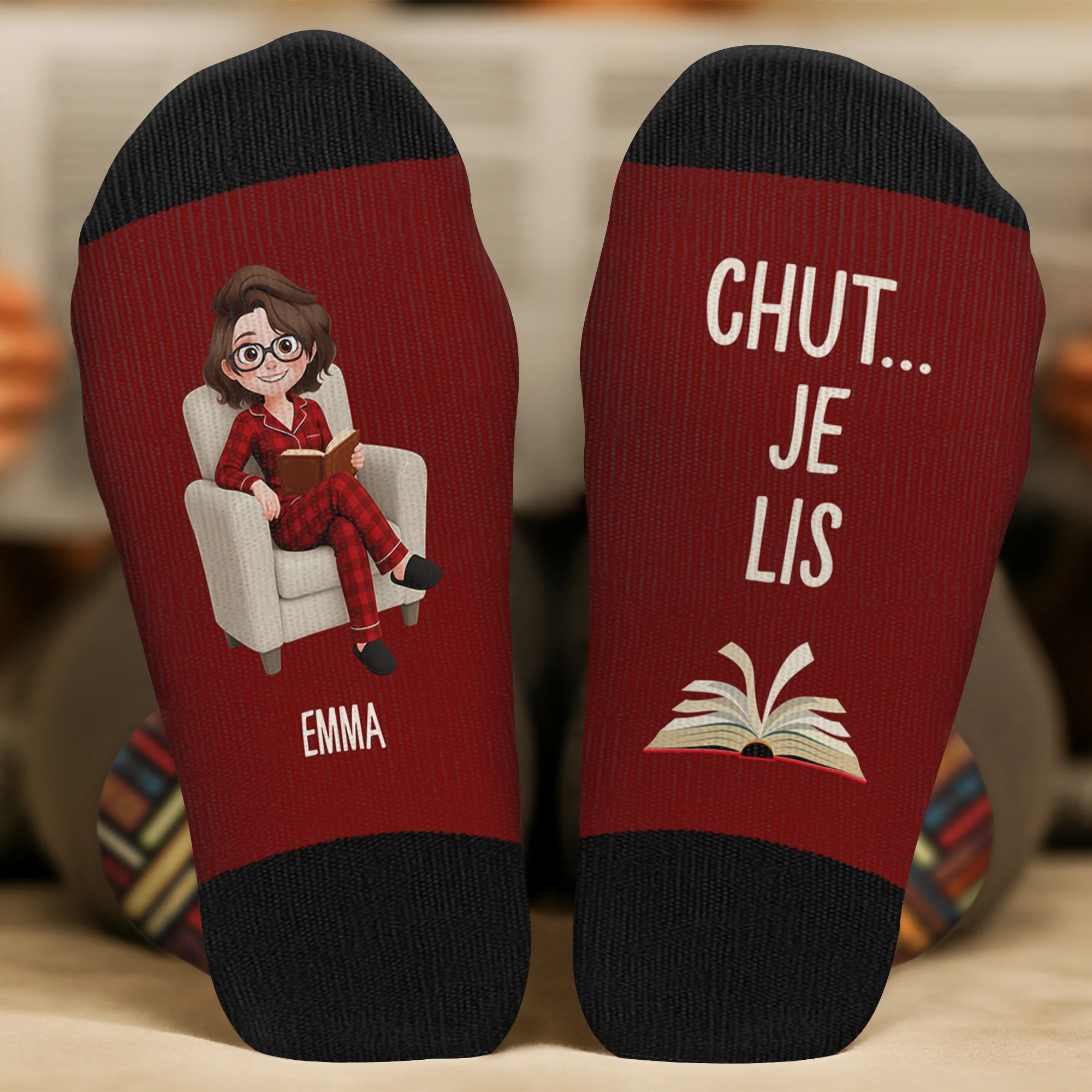 Chaussettes Femme Homme Personnalisées Avec Texte - Je Lis Des Livres - Image 2