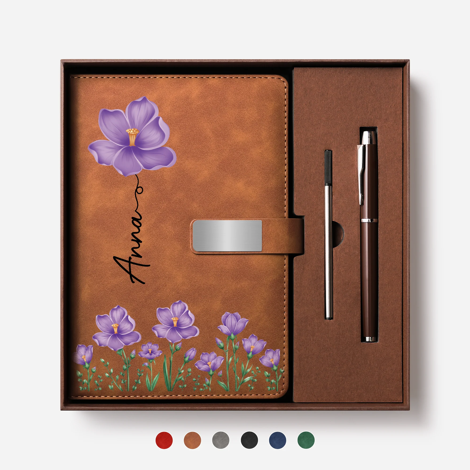 Coffret Carnet En Cuir Personnalisé - Cadeau Original Avec Prénom Et Fleur Pour Femme