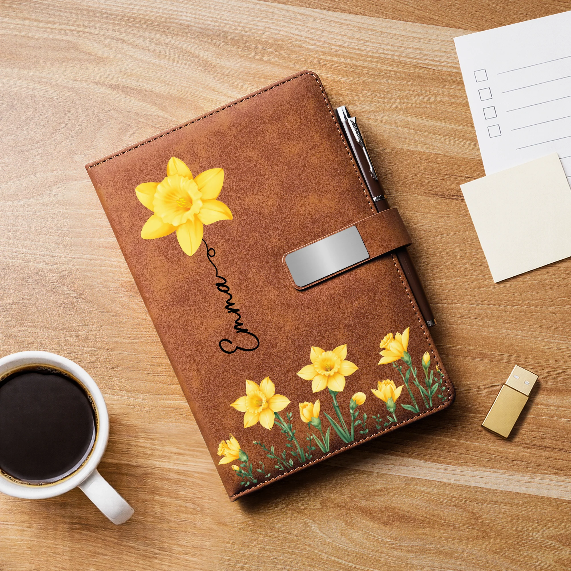 Coffret Carnet En Cuir Personnalisé - Cadeau Original Avec Prénom Et Fleur Pour Femme - Image 2