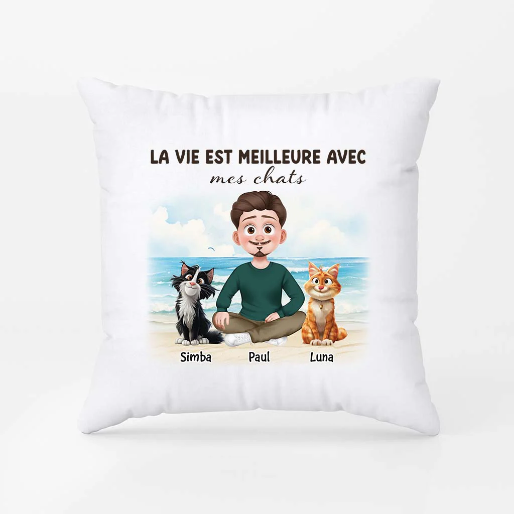 Coussin Personnalisé Pour Amoureux Des Chats - La Vie Est Meilleure - Image 2