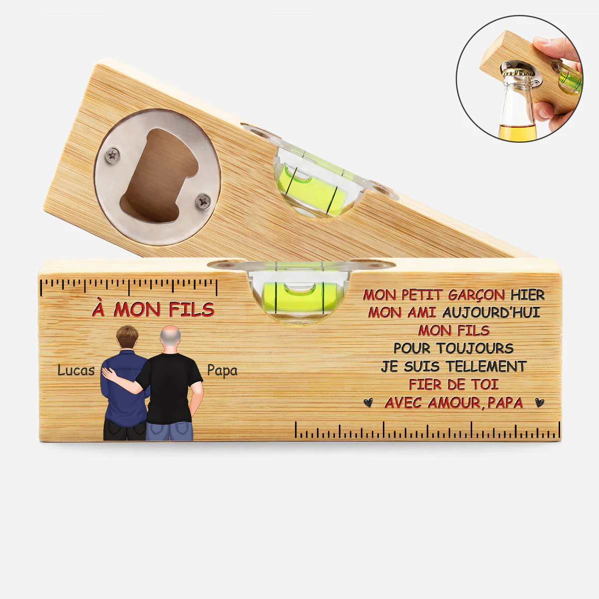 Décapsuleur Personnalisable En Bois Avec Niveau À Bulle - Mon Fils/Petit-fils/Fille/Petite-fille Pour Toujours
