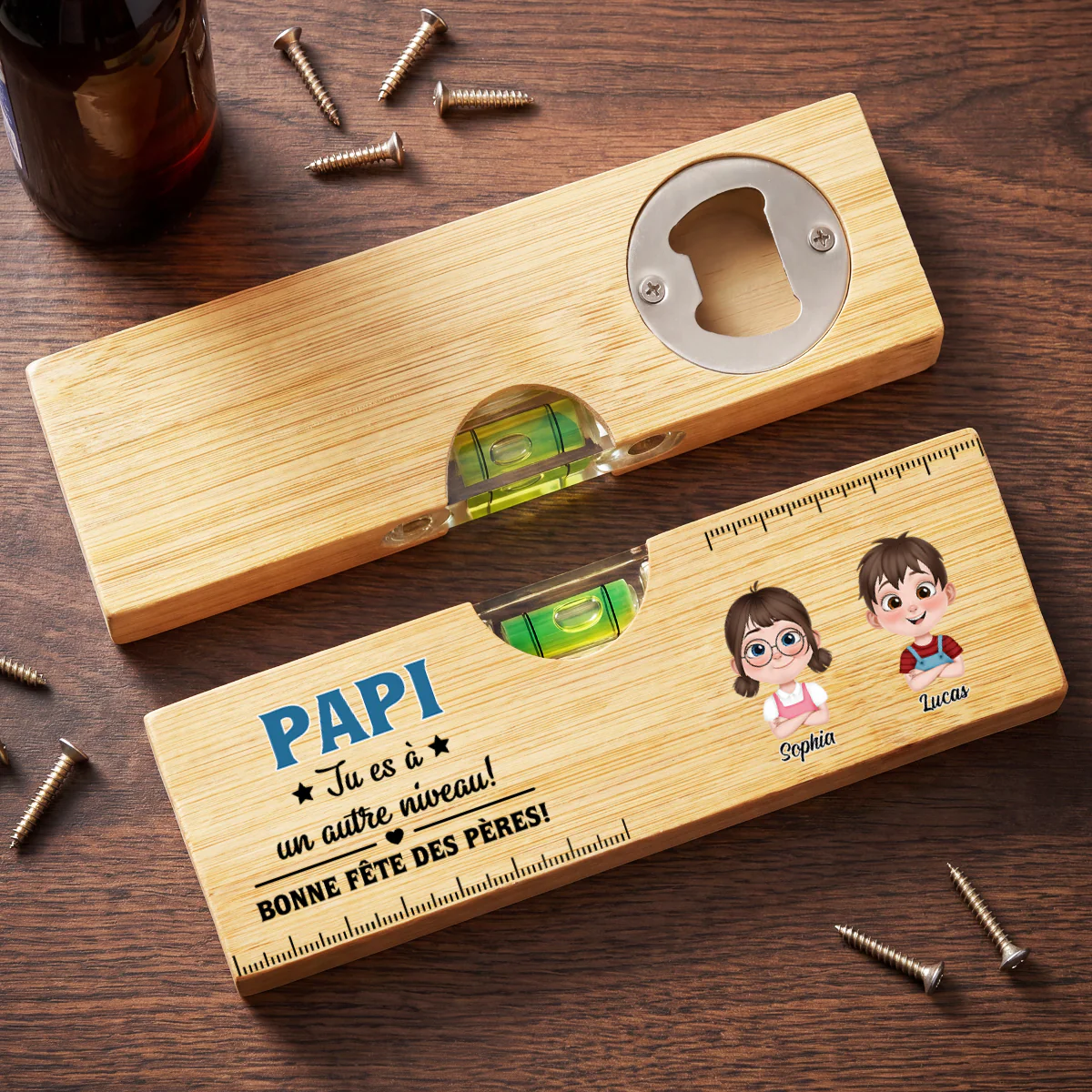 Décapsuleur Personnalisé En Bois Avec Niveau À Bulle - Papa Papy À Un Autre Niveau - Image 2