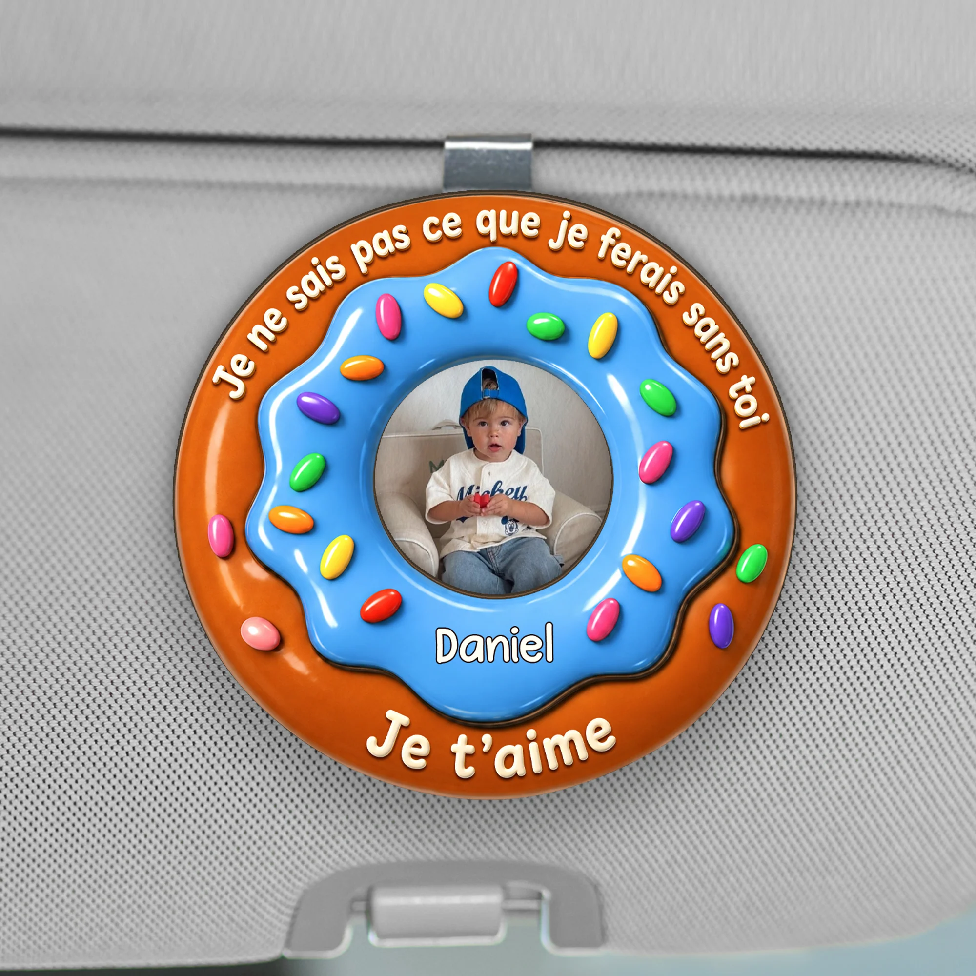 [Effet d'impression 3D] Clip Pare-Soleil De Voiture Personnalisé Beignet Avec Enfant - Bonne Fête Des Pères