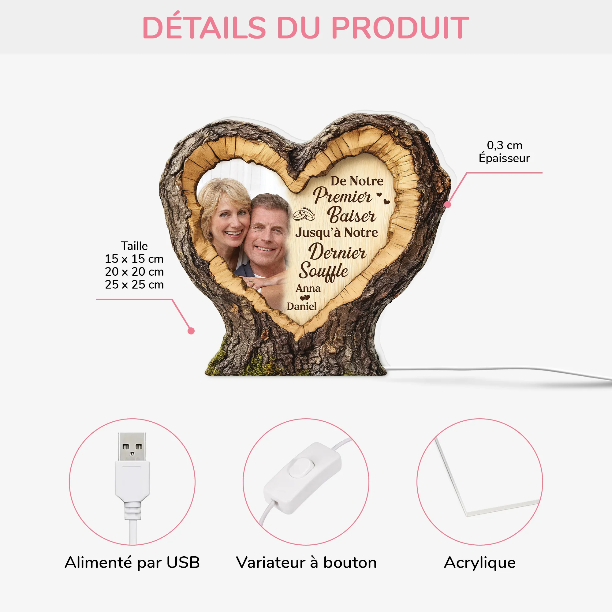 [Effet d'impression 3D] Lightbox Personnalisable Couple Avec Photo - Notre Premier Baiser - Image 2