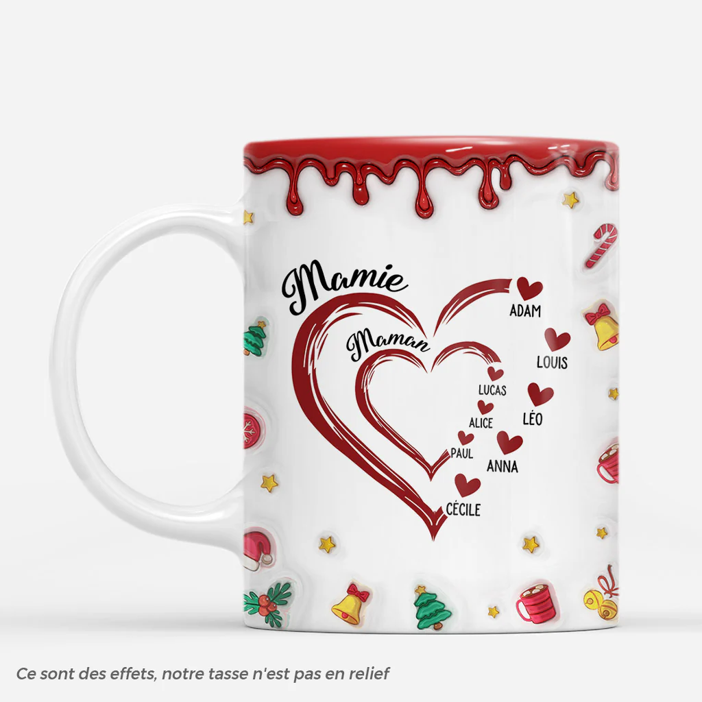 [Effet d'impression 3D] Mug De Noël Personnalisé - Cœur Rouge De Mamie Maman