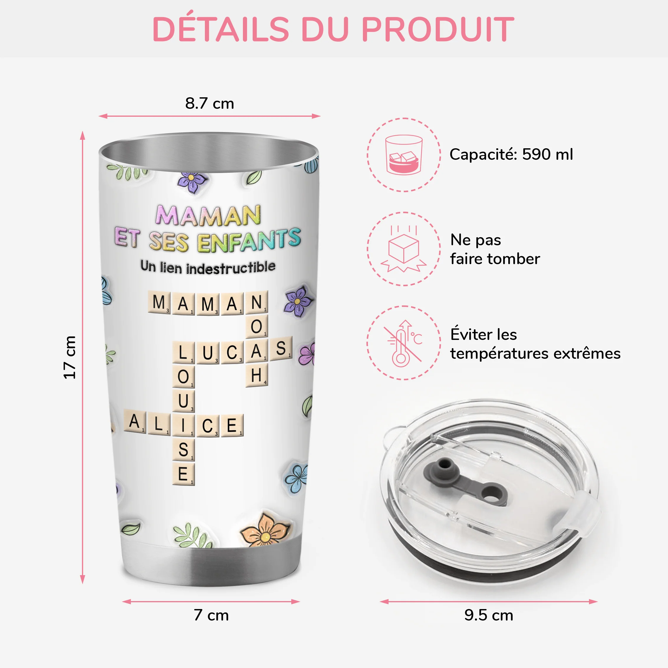 [Effet d'Impression 3D] Mug Isotherme 590ml Personnalisé - Maman Et Ses Enfants - Mots-Croisés - Image 3