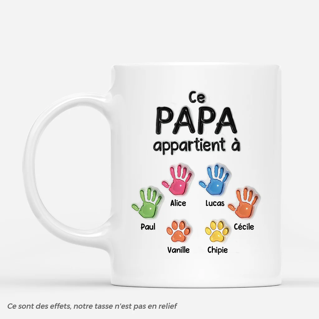 [Effet d'Impression 3D] Mug Personnalisé - Ce Papa Appartient À - Empreintes De Mains Colorées