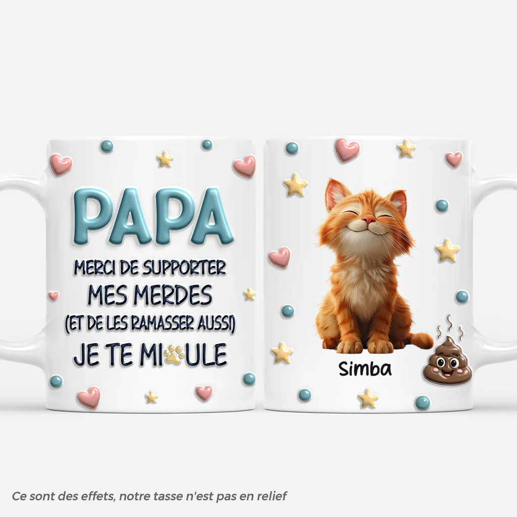 [Effet d'Impression 3D] Mug Personnalisé Chat - Cadeau Papa Chat Supporter Mes Merdes