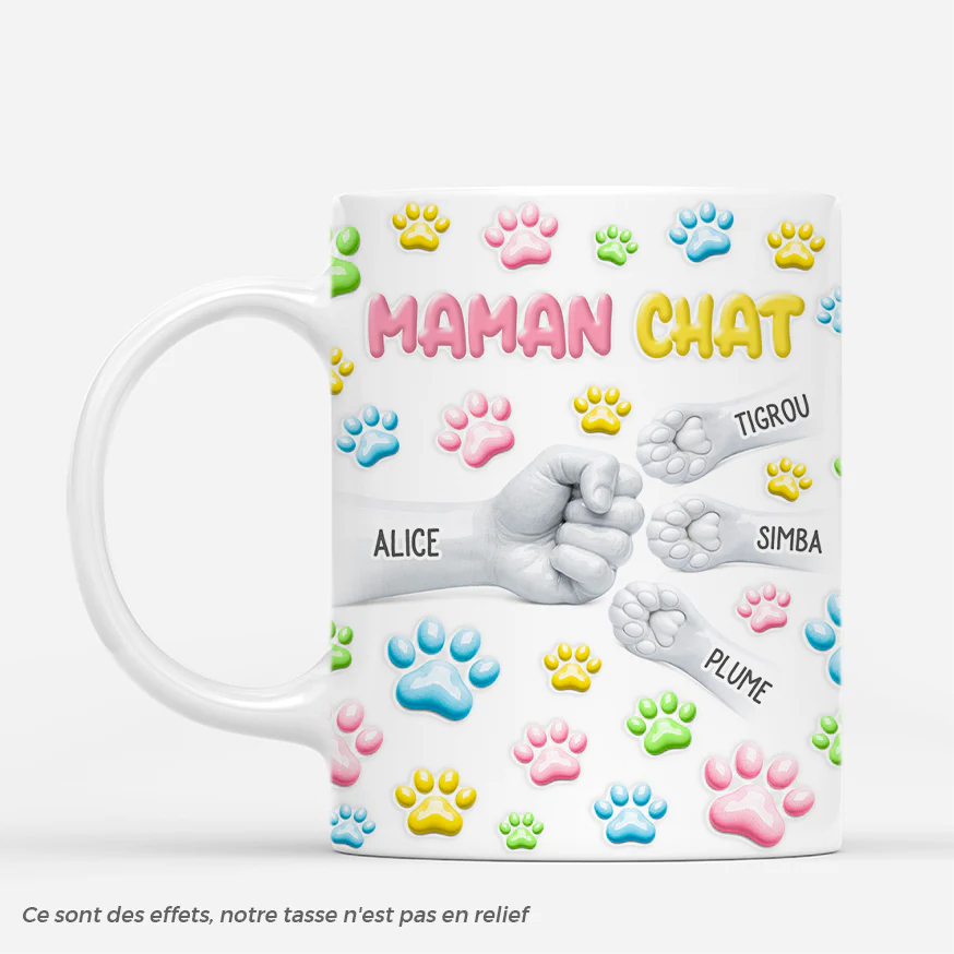 [Effet d'impression 3D] Mug Personnalisé Maman Chat Chien - Patte Et Amour