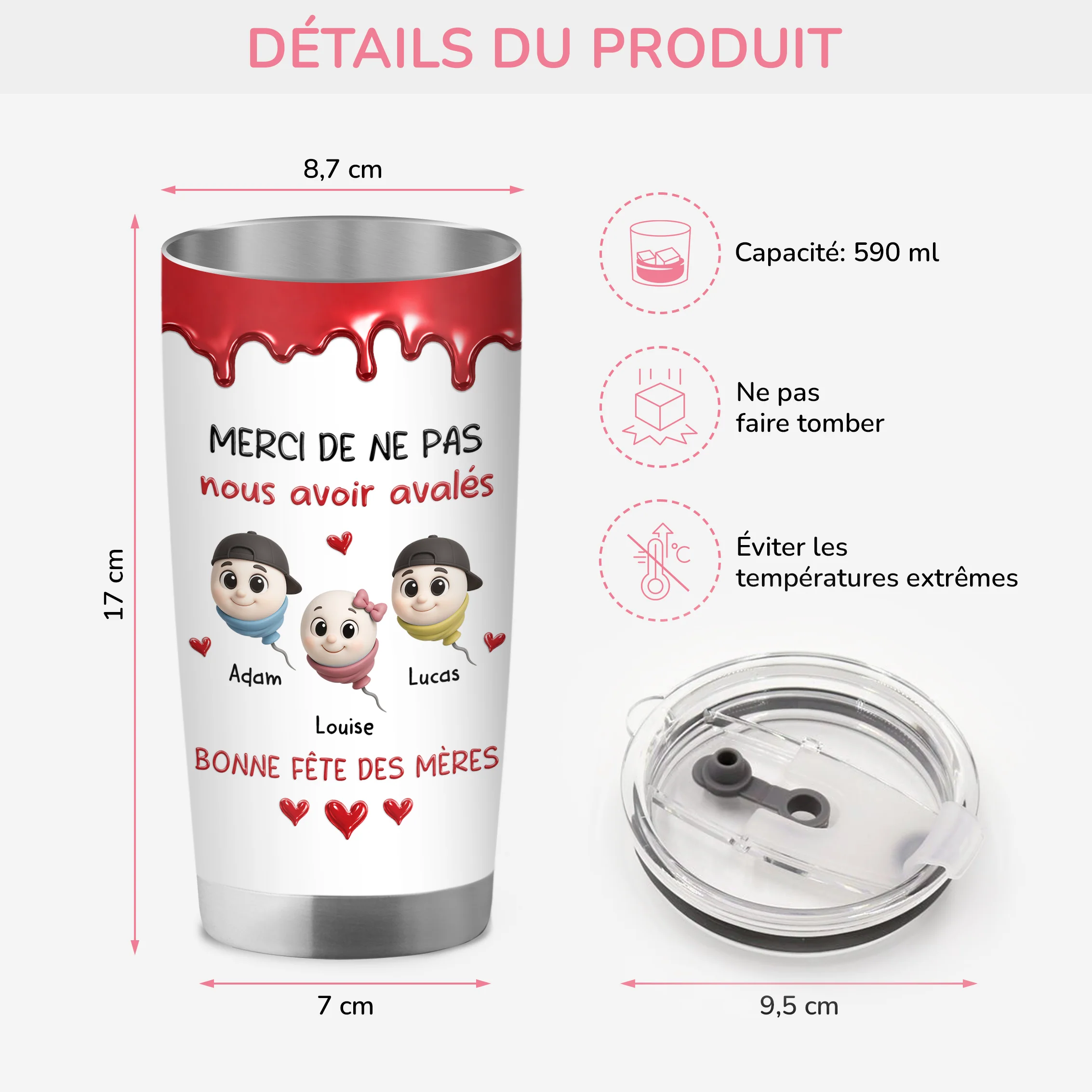 [Effet d'Impression 3D] Mug Personnalisé Isotherme 590ml - Cadeau Papa Maman Merci Ne Pas M’avoir Avalé - Image 3