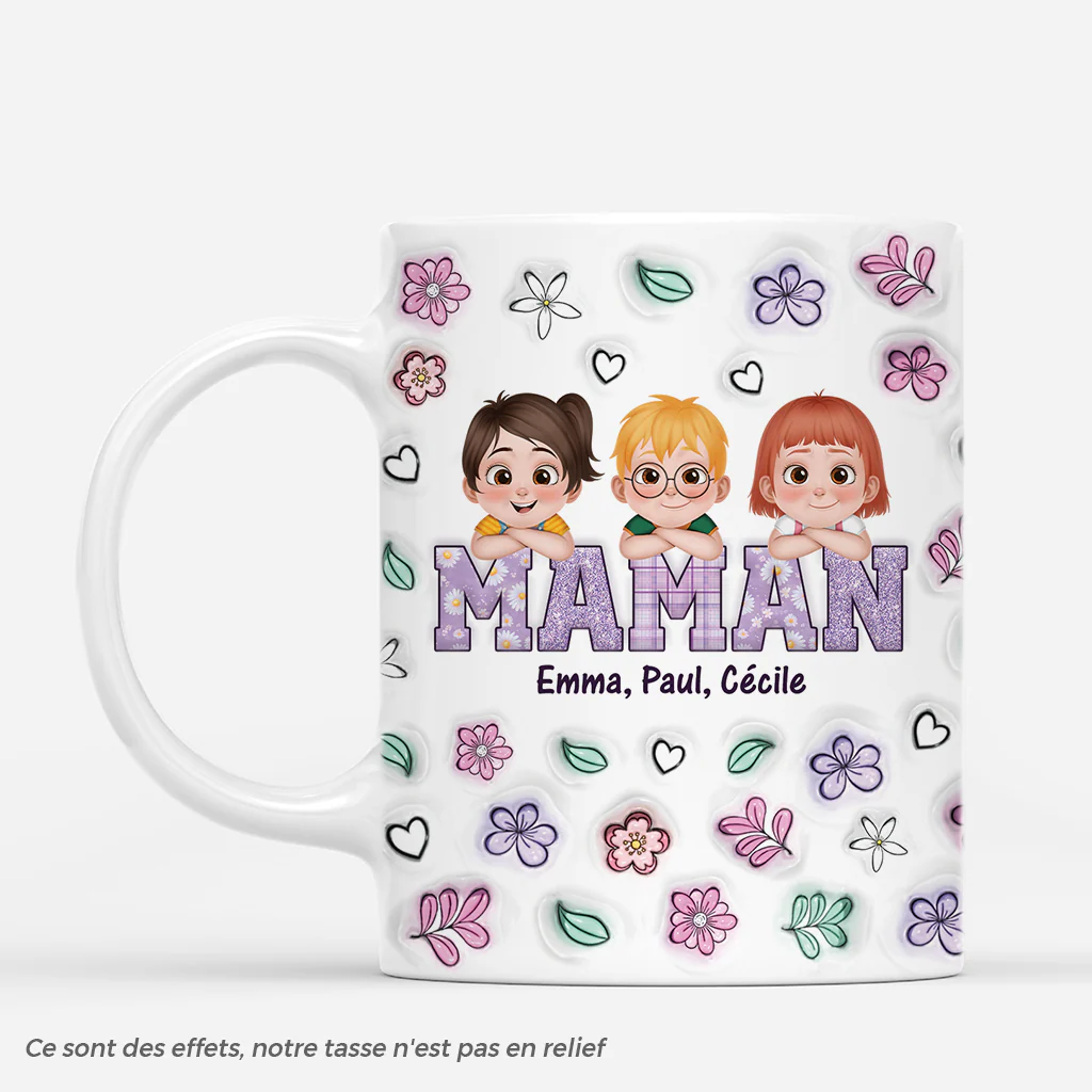 [Effet d'Impression 3D] Mug Personnalisé Maman - Design Cartoon Floral