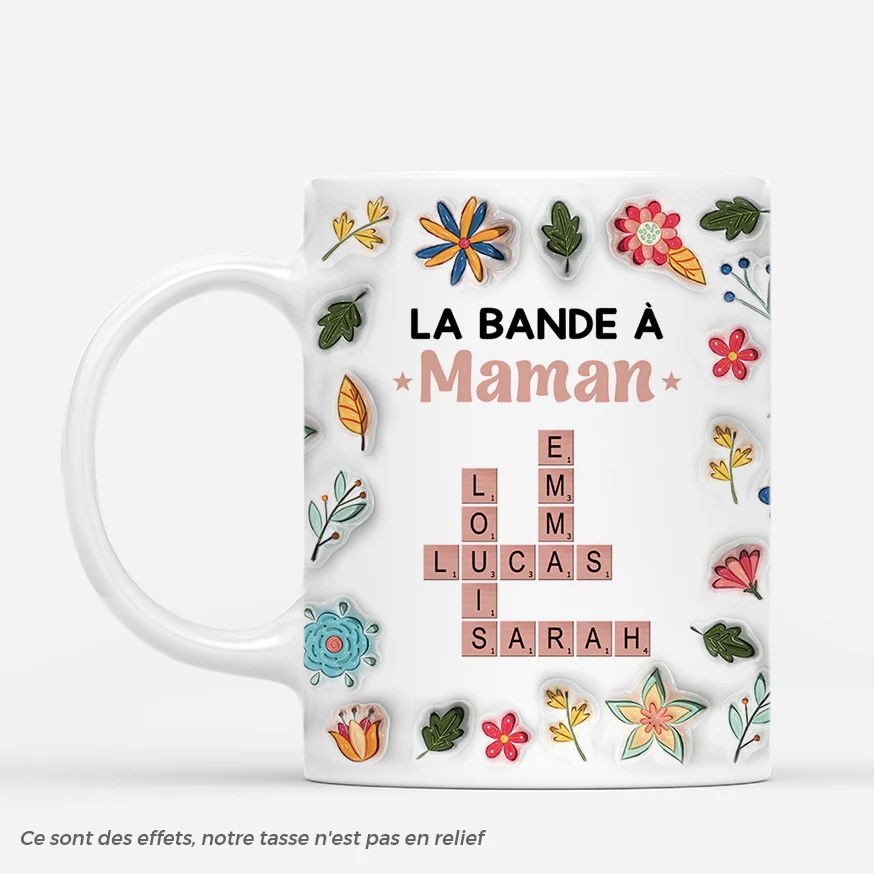 [Effet d'Impression 3D] Mug Personnalisé Maman - Fleurs Colorées Et Mots-Croisés