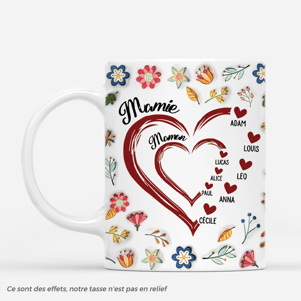 [Effet d'Impression 3D] Mug Personnalisé - Maman Mamie Cœur - Fleurs Tropicales