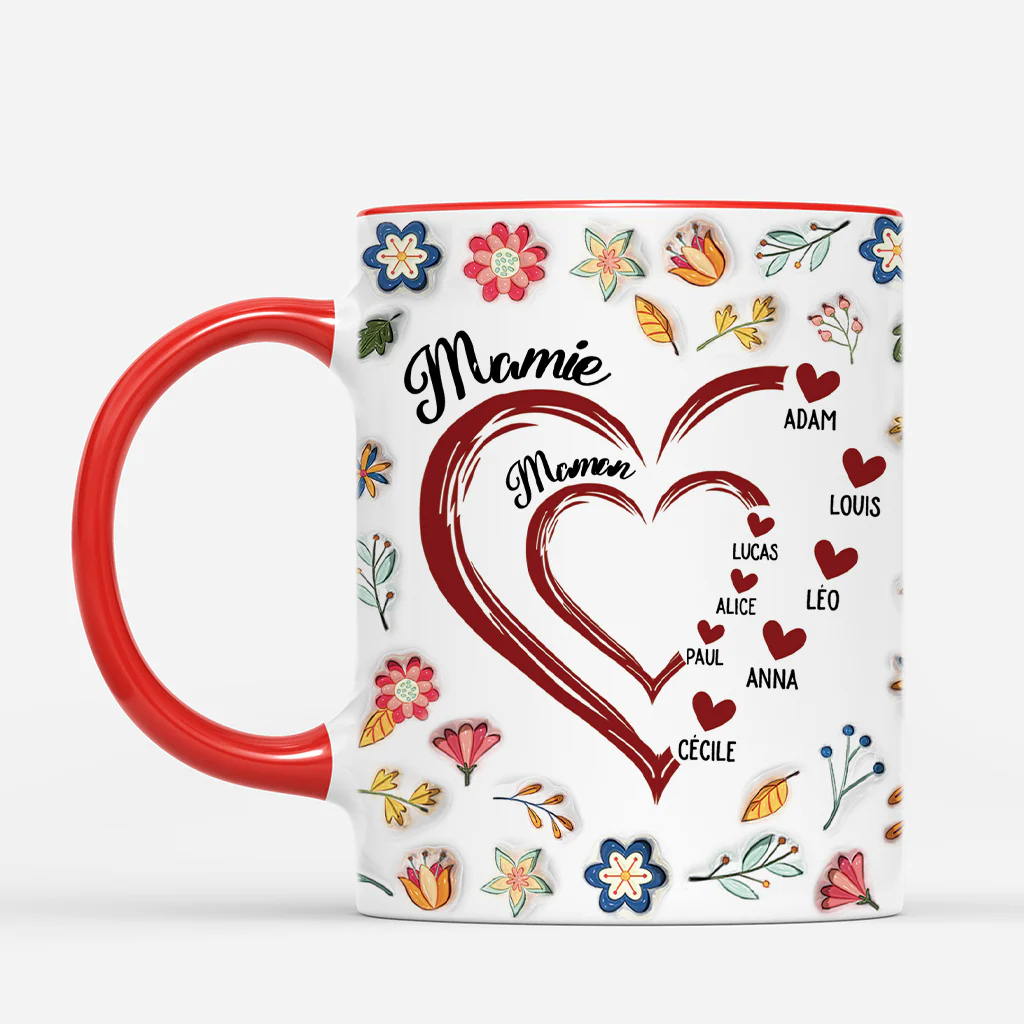[Effet d'Impression 3D] Mug Personnalisé - Maman Mamie Cœur - Fleurs Tropicales - Image 2