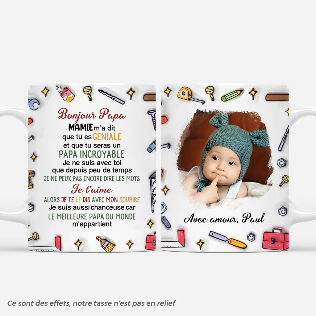[Effet d'Impression 3D] Mug Personnalisé Papa Avec Photo - Bonjour Papa Bricoleur