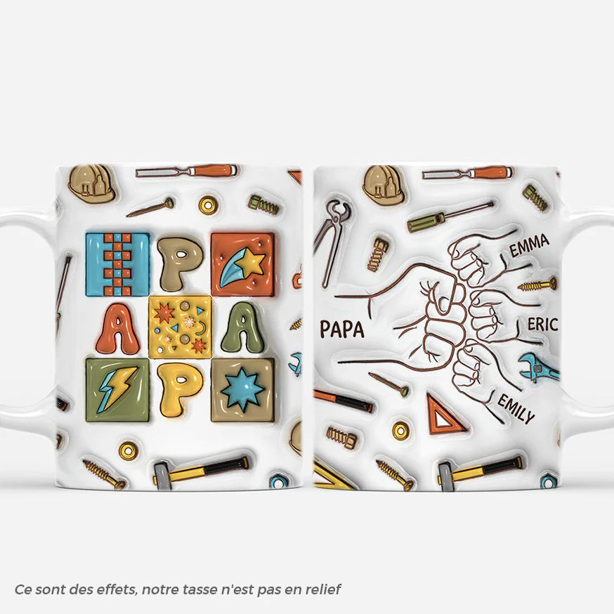 [Effet d'Impression 3D] Mug Personnalisé Papa - Poings Et Outils Design Patchwork