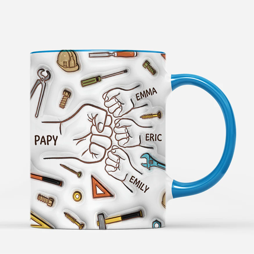 [Effet d'Impression 3D] Mug Personnalisé Papa - Poings Et Outils Design Patchwork - Image 3