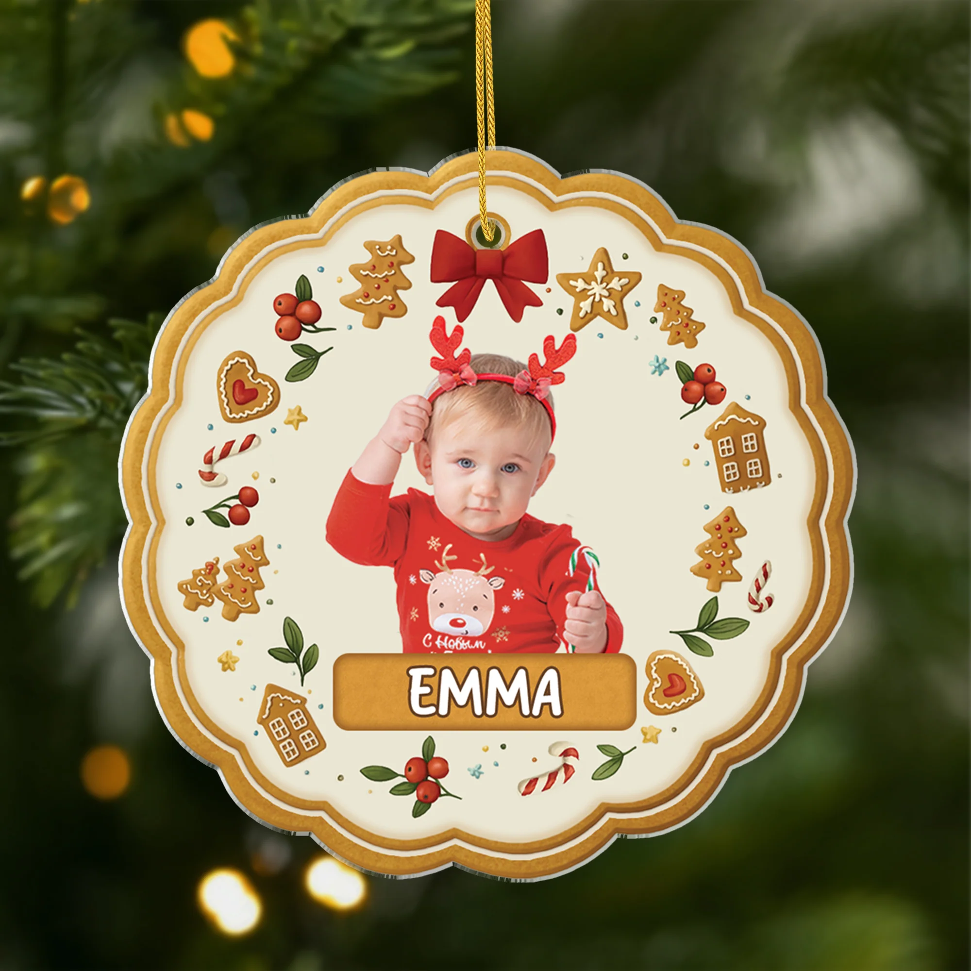 [Effet d'impression 3D] Ornement Acrylique Personnalisé Avec Photo Enfant - Pain d’Épices De Noël