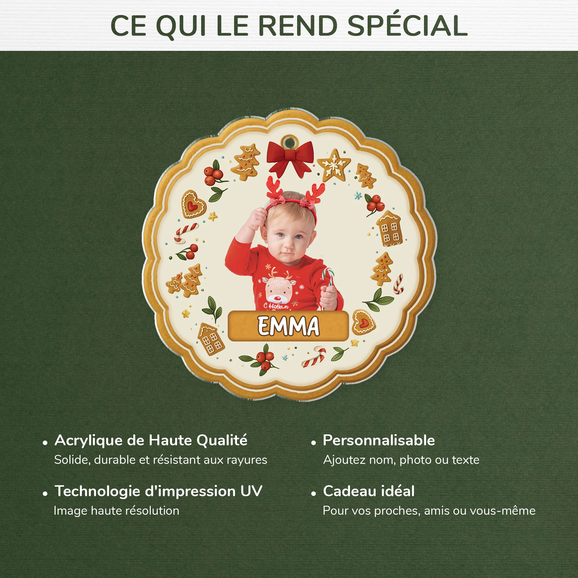 [Effet d'impression 3D] Ornement Acrylique Personnalisé Avec Photo Enfant - Pain d’Épices De Noël - Image 4