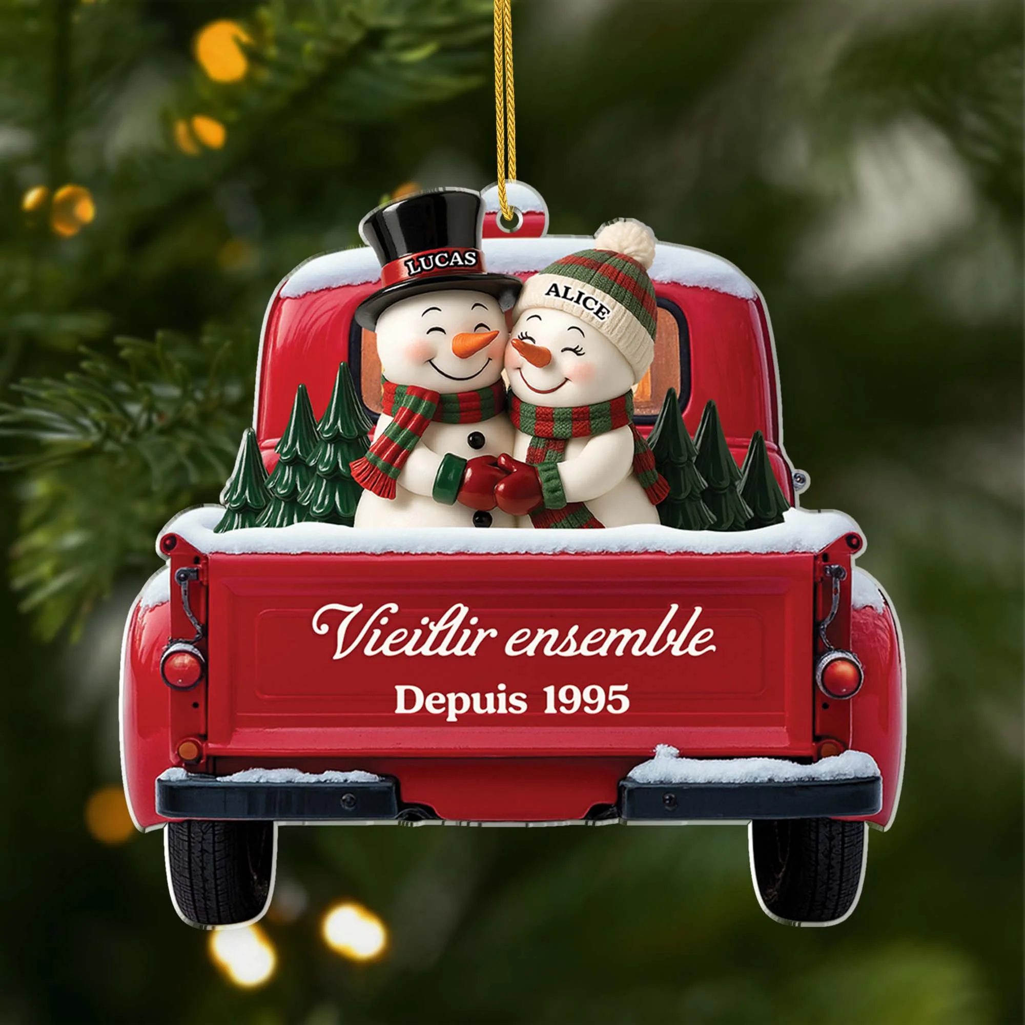 Ornement Noël Personnalisé Acrylique Couple - Bonhomme De Neige Et Camion Rouge