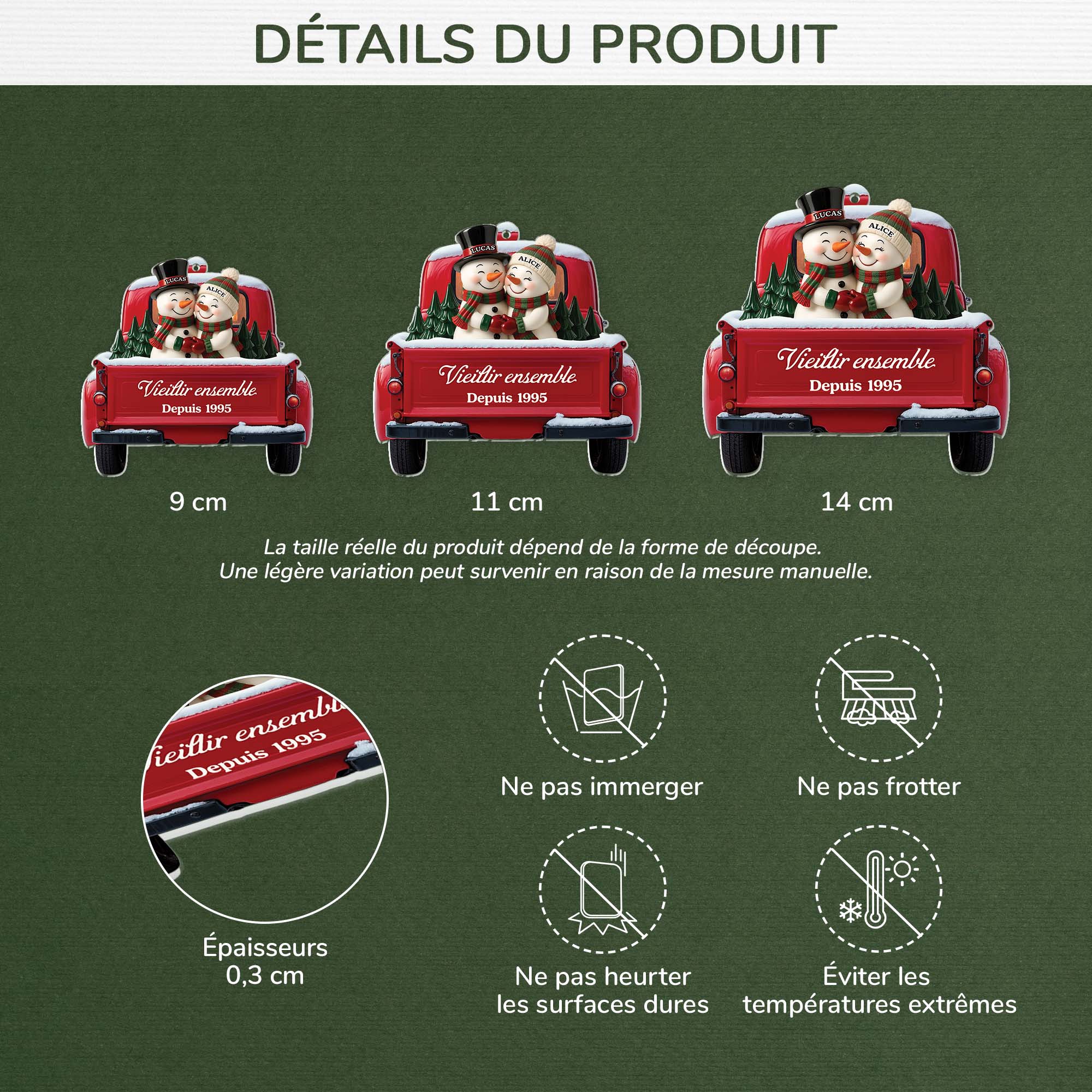 Ornement Noël Personnalisé Acrylique Couple - Bonhomme De Neige Et Camion Rouge - Image 3