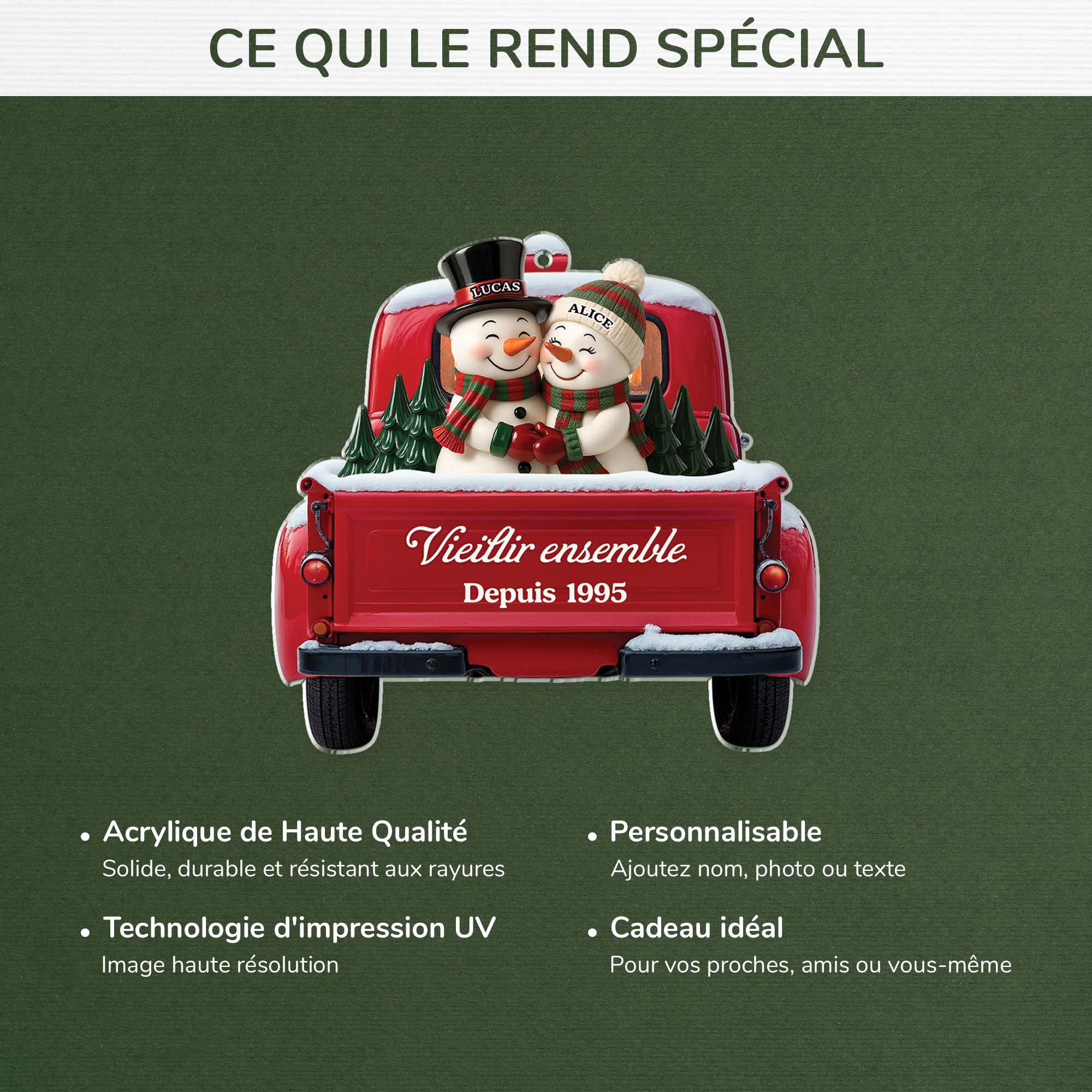 Ornement Noël Personnalisé Acrylique Couple - Bonhomme De Neige Et Camion Rouge - Image 4