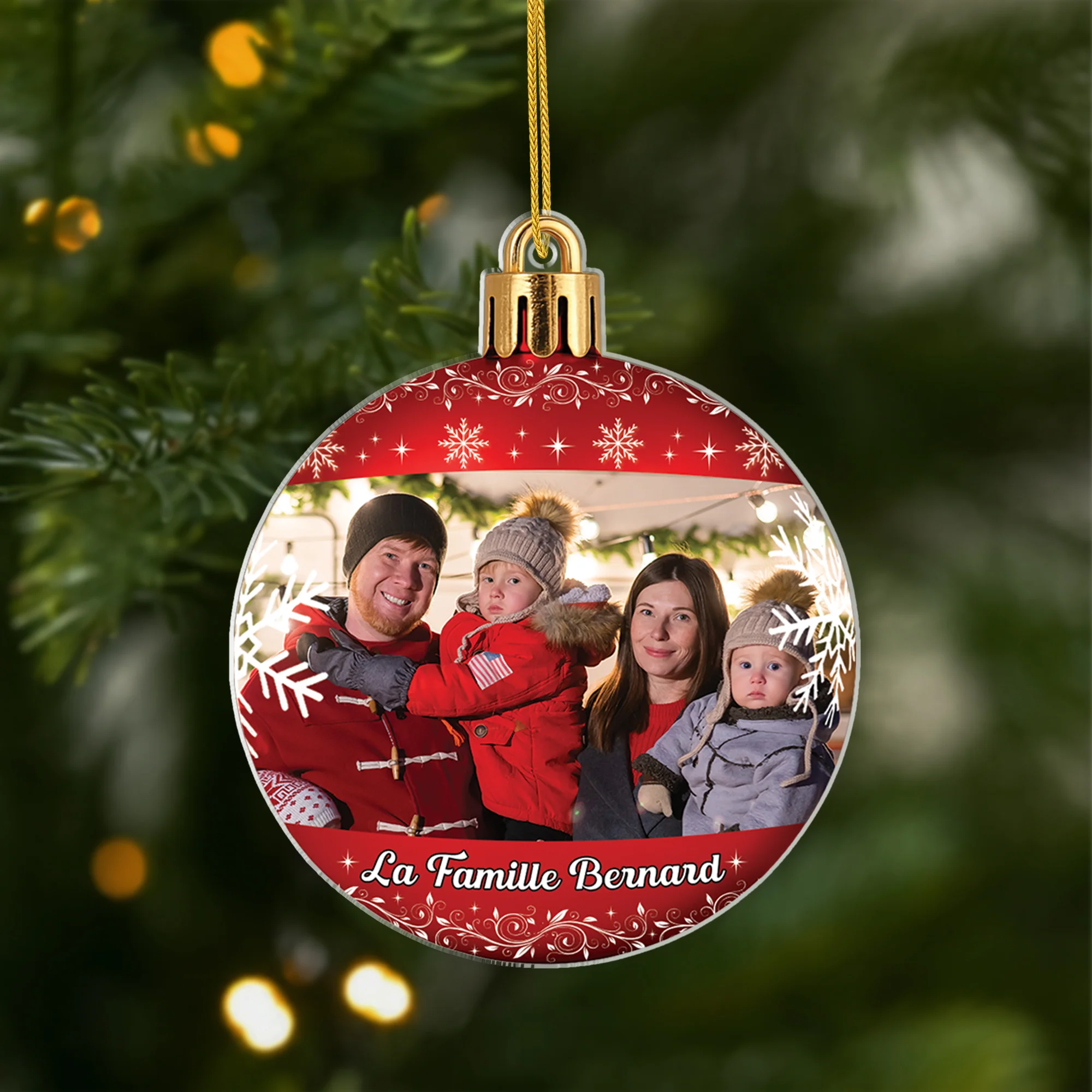 [Effet d'impression 3D] Ornement Acrylique Personnalisé Famille Avec Photo - Boule De Noël Rouge