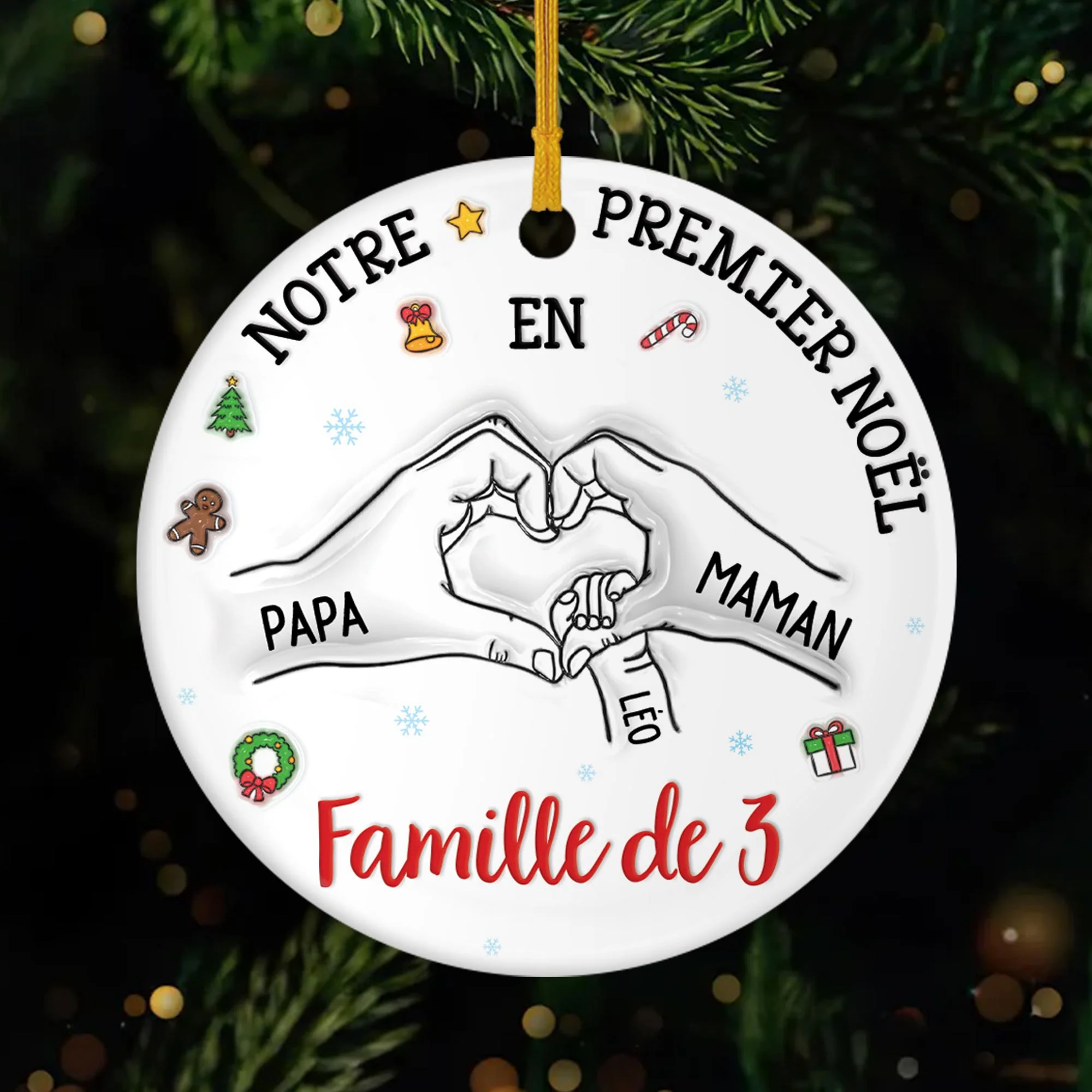 [Effet d'impression 3D] Ornement Céramique Personnalisé - Notre Premier Noël En Famille De 3