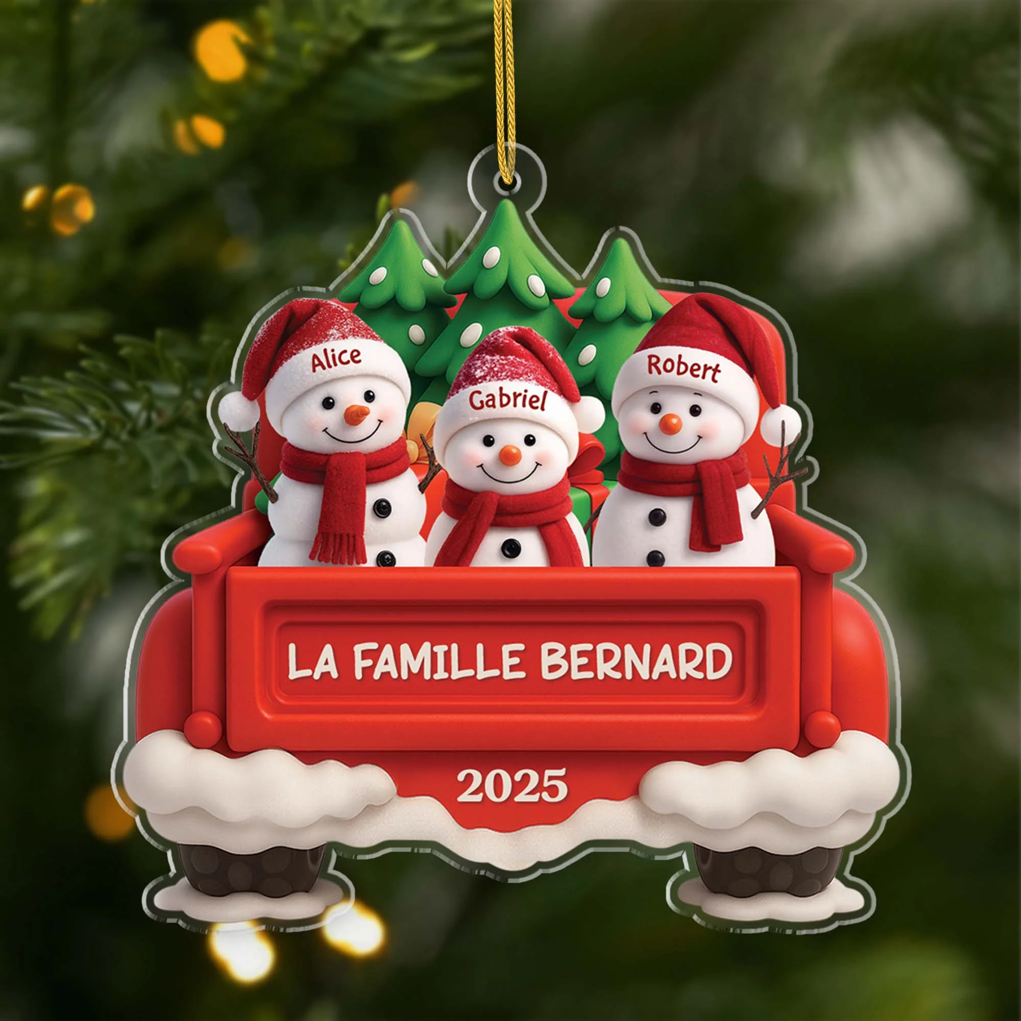 [Effet d'impression 3D] Ornement Noël Acrylique Personnalisé - Famille Bonhomme De Neige Avec Voiture