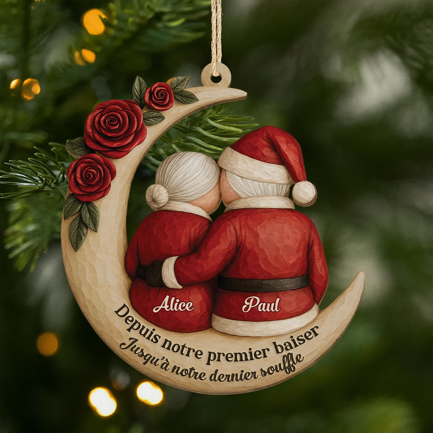 [Effet d'impression 3D] Ornement En Bois À 1 Couche Personnalisé Couple Père Noël - Depuis Premier Baiser
