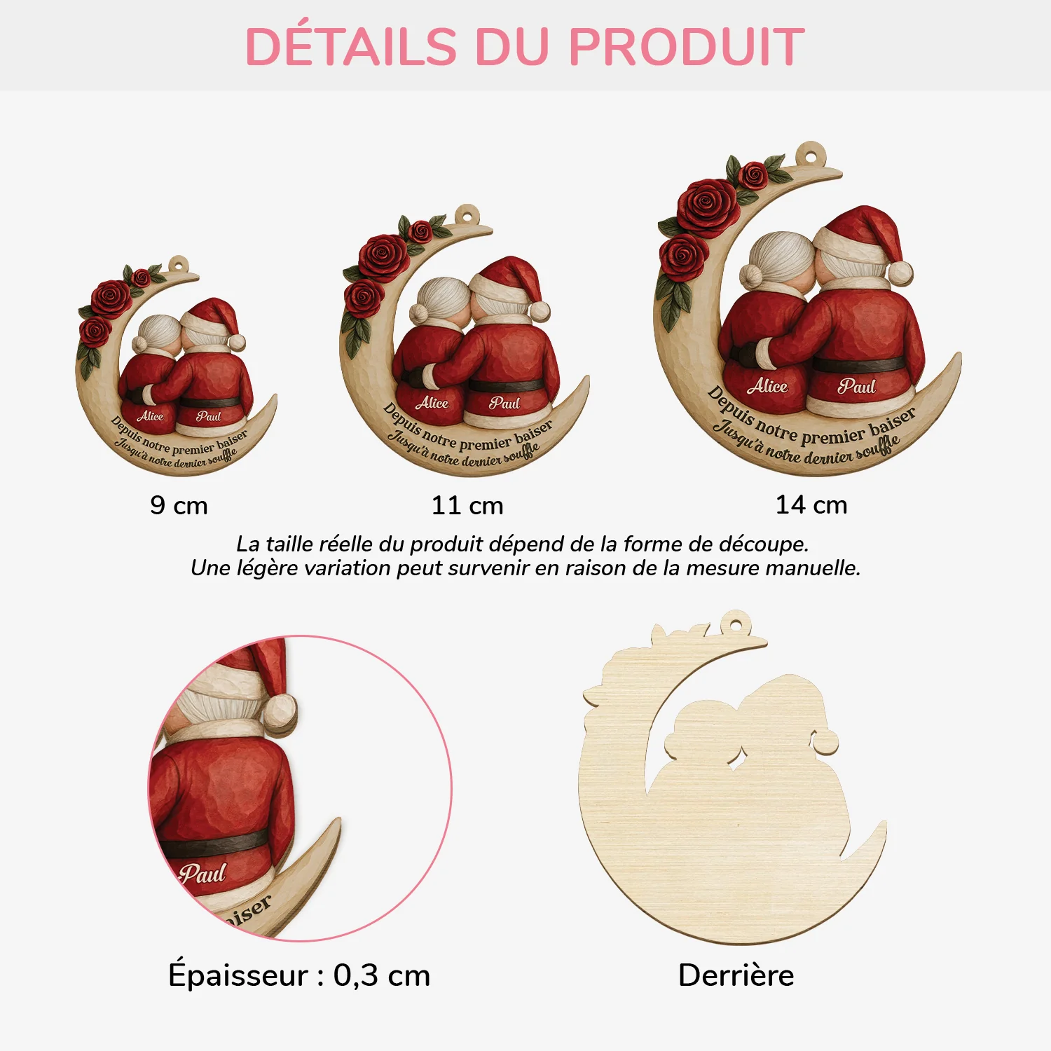 [Effet d'impression 3D] Ornement En Bois À 1 Couche Personnalisé Couple Père Noël - Depuis Premier Baiser - Image 3