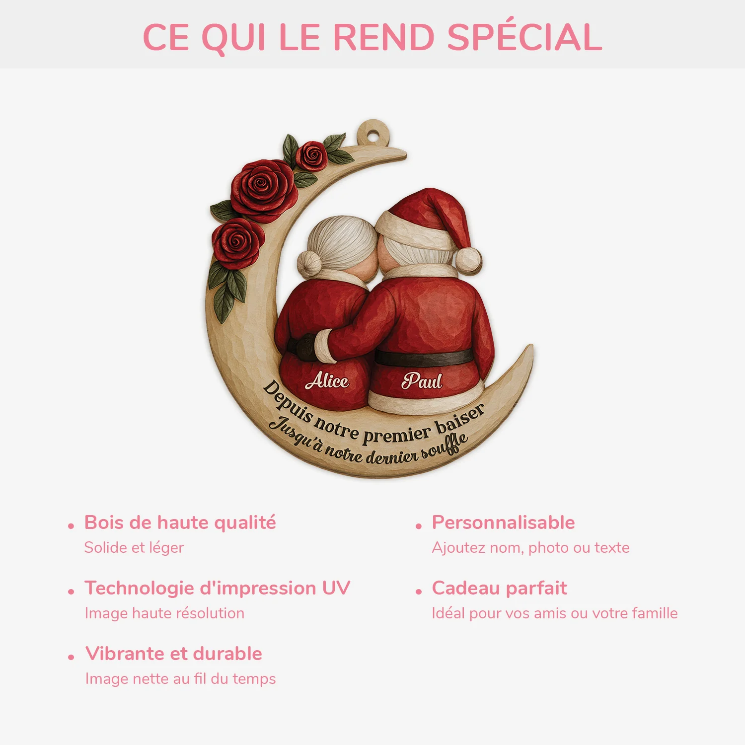 [Effet d'impression 3D] Ornement En Bois À 1 Couche Personnalisé Couple Père Noël - Depuis Premier Baiser - Image 4