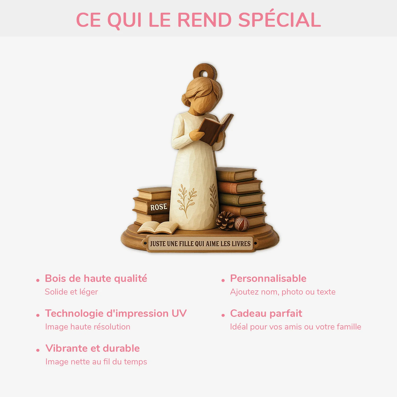 [Effet d'impression 3D] Ornement Noël En Bois À 1 Couche Personnalisé - Fille Qui Aime Les Livres - Image 4