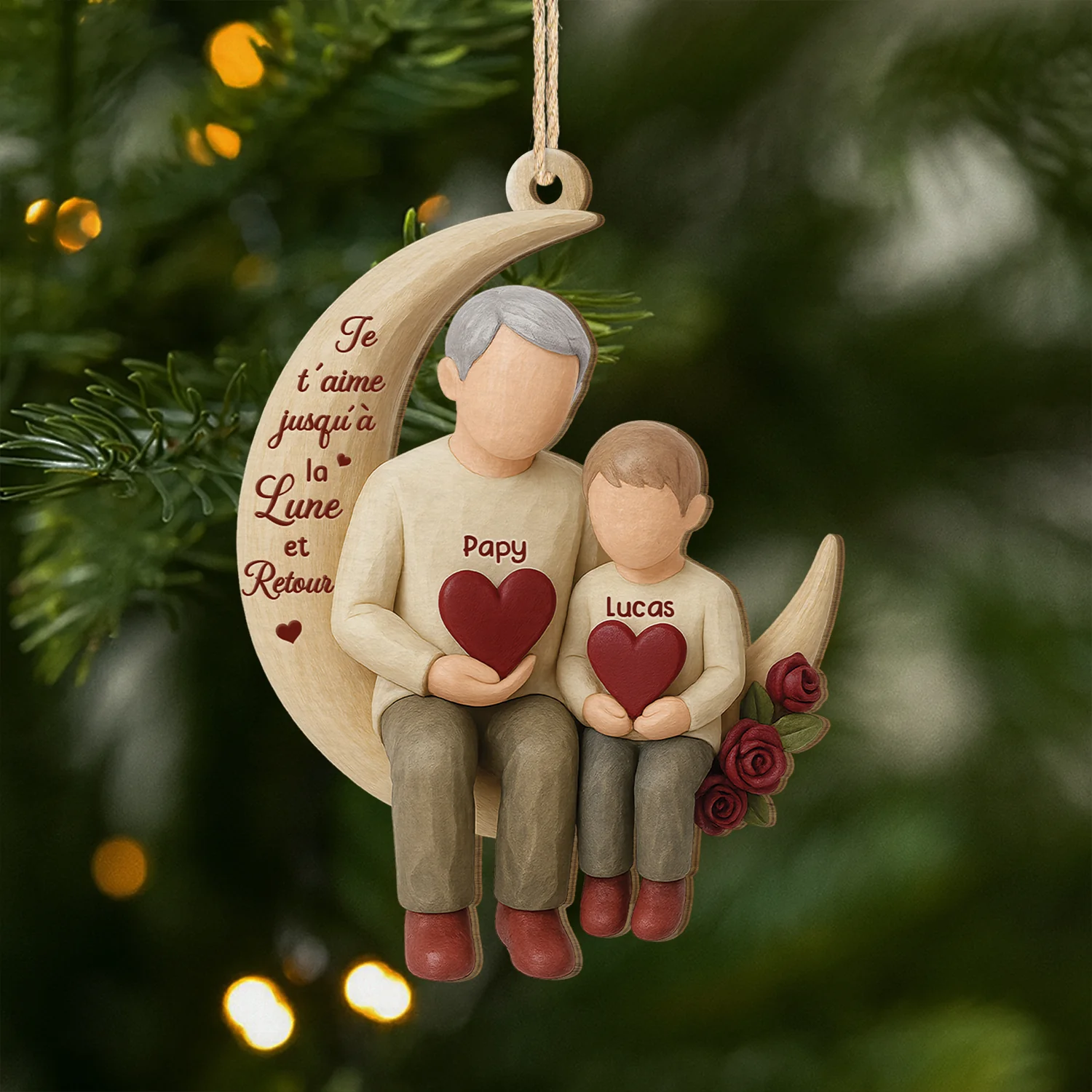[Effet d'impression 3D] Ornement Noël En Bois À 1 Couche Personnalisé Papy/Mamie - Jusqu'à La Lune Et Retour