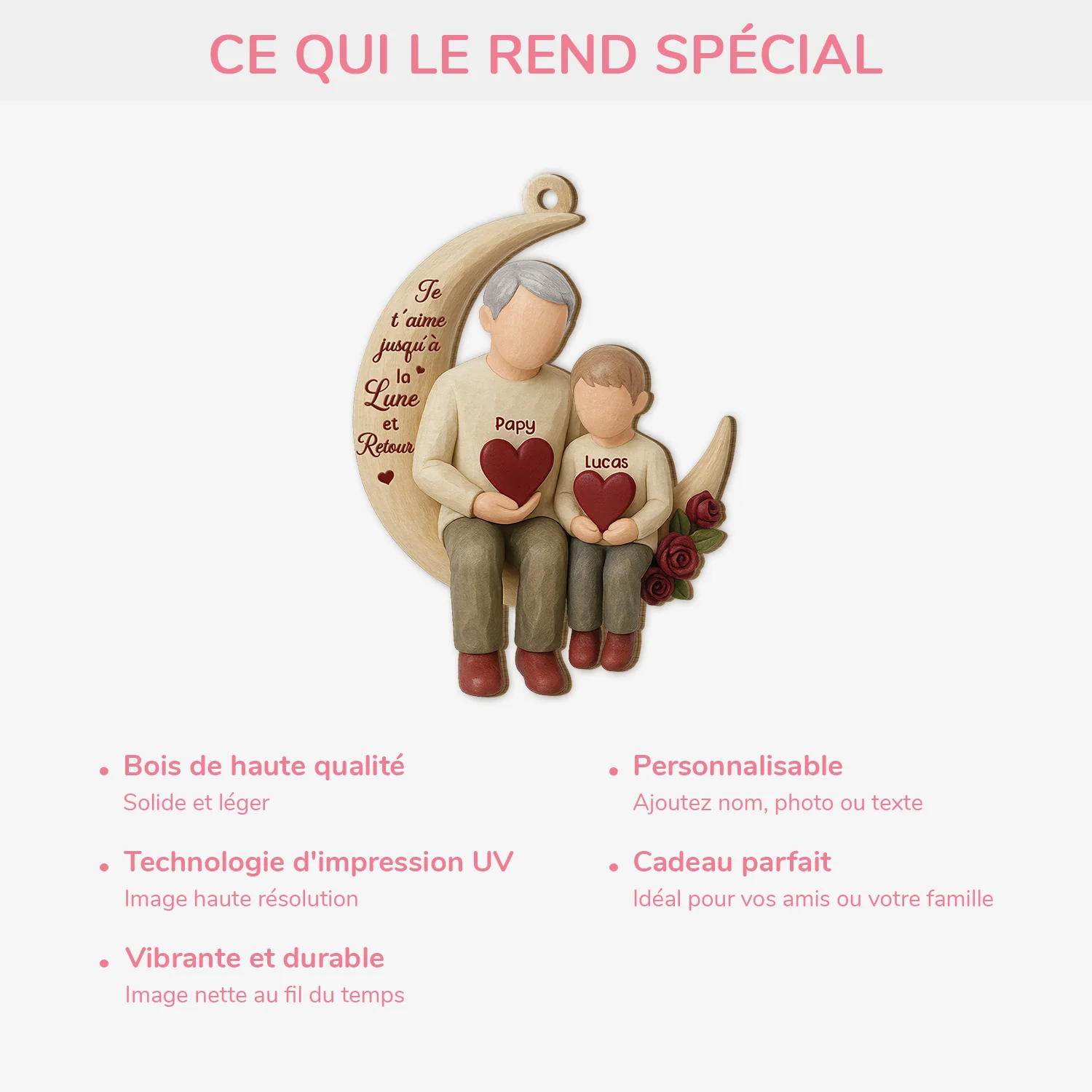 [Effet d'impression 3D] Ornement Noël En Bois À 1 Couche Personnalisé Papy/Mamie - Jusqu'à La Lune Et Retour - Image 4