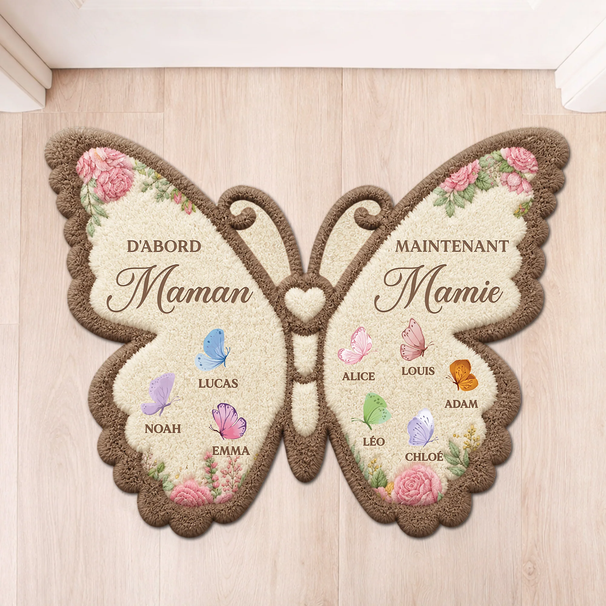[Effet d'Impression 3D] Paillasson Personnalisé Original Forme Papillon - D'abord Maman Ensuite Mamie