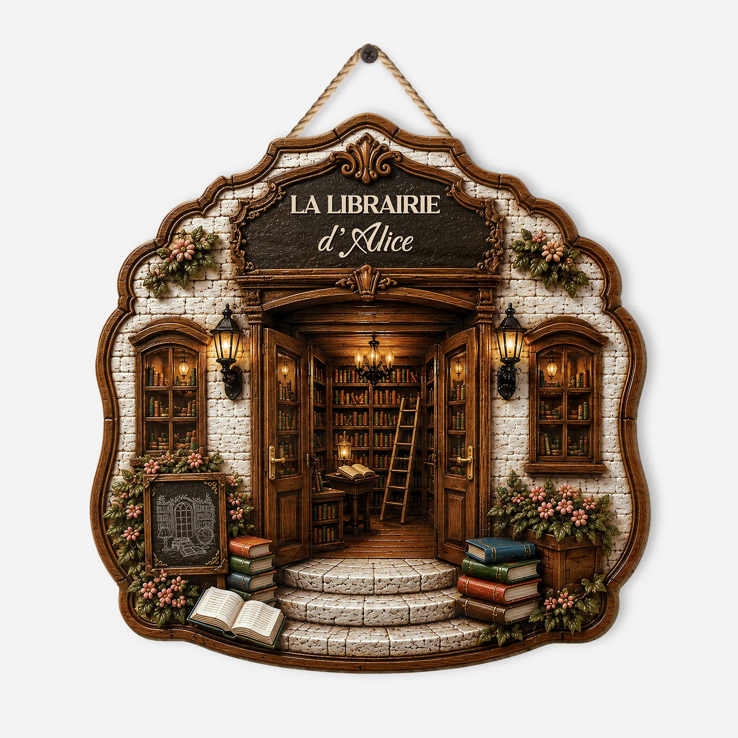 [Effet d'Impression 3D] Plaque Bois Personnalisable À Suspendre Femme Homme Amoureux Des Livres - La Librairie