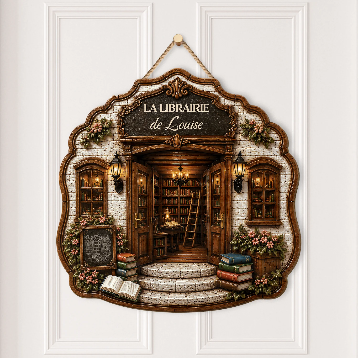 [Effet d'Impression 3D] Plaque Bois Personnalisable À Suspendre Femme Homme Amoureux Des Livres - La Librairie - Image 2