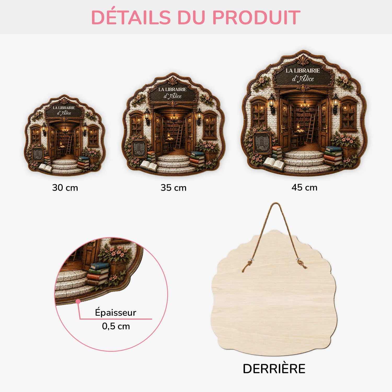 [Effet d'Impression 3D] Plaque Bois Personnalisable À Suspendre Femme Homme Amoureux Des Livres - La Librairie - Image 3
