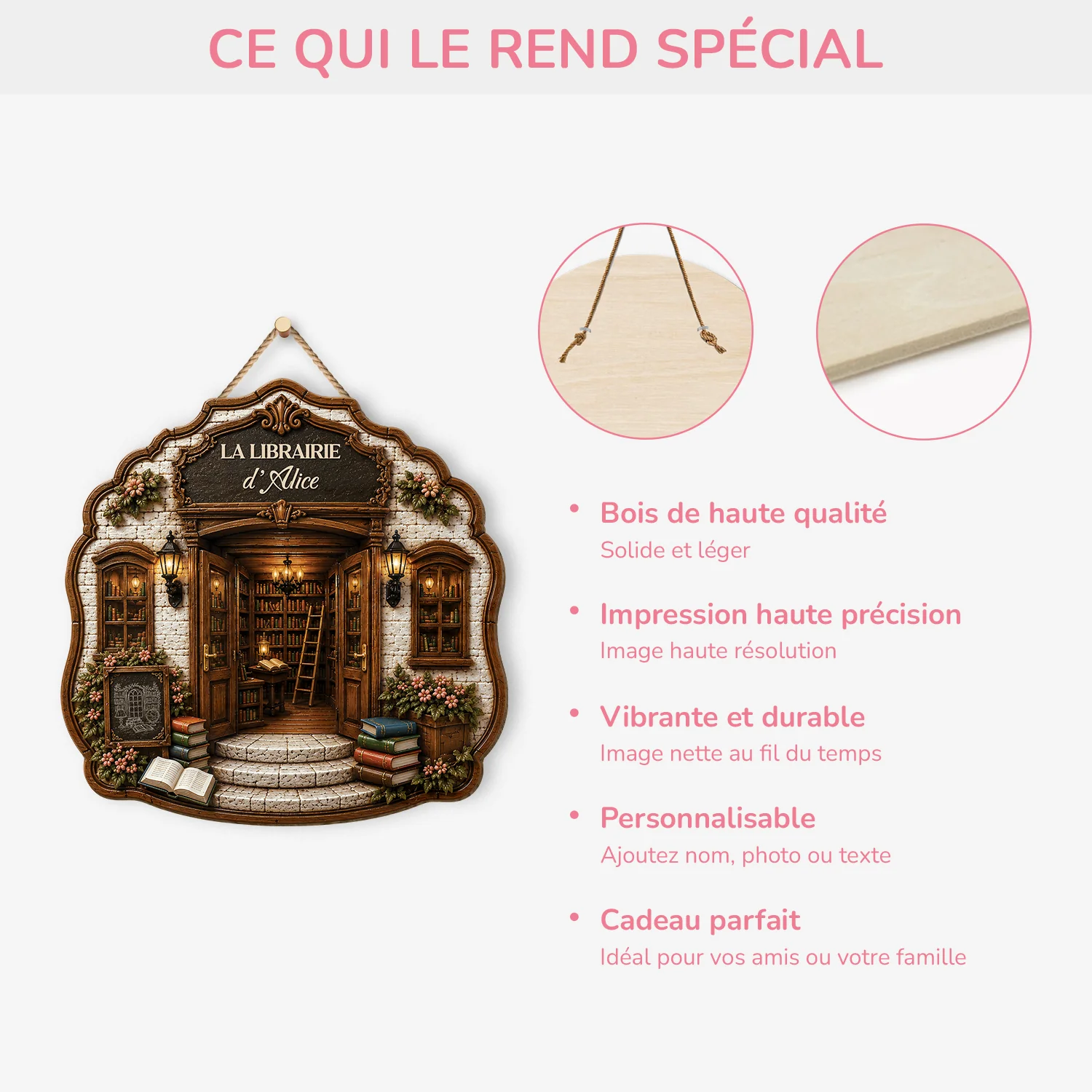 [Effet d'Impression 3D] Plaque Bois Personnalisable À Suspendre Femme Homme Amoureux Des Livres - La Librairie - Image 4